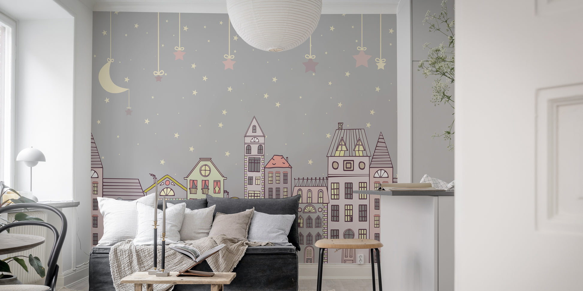 Playful cuteness quarters mural adding charm to kids’ rooms.
