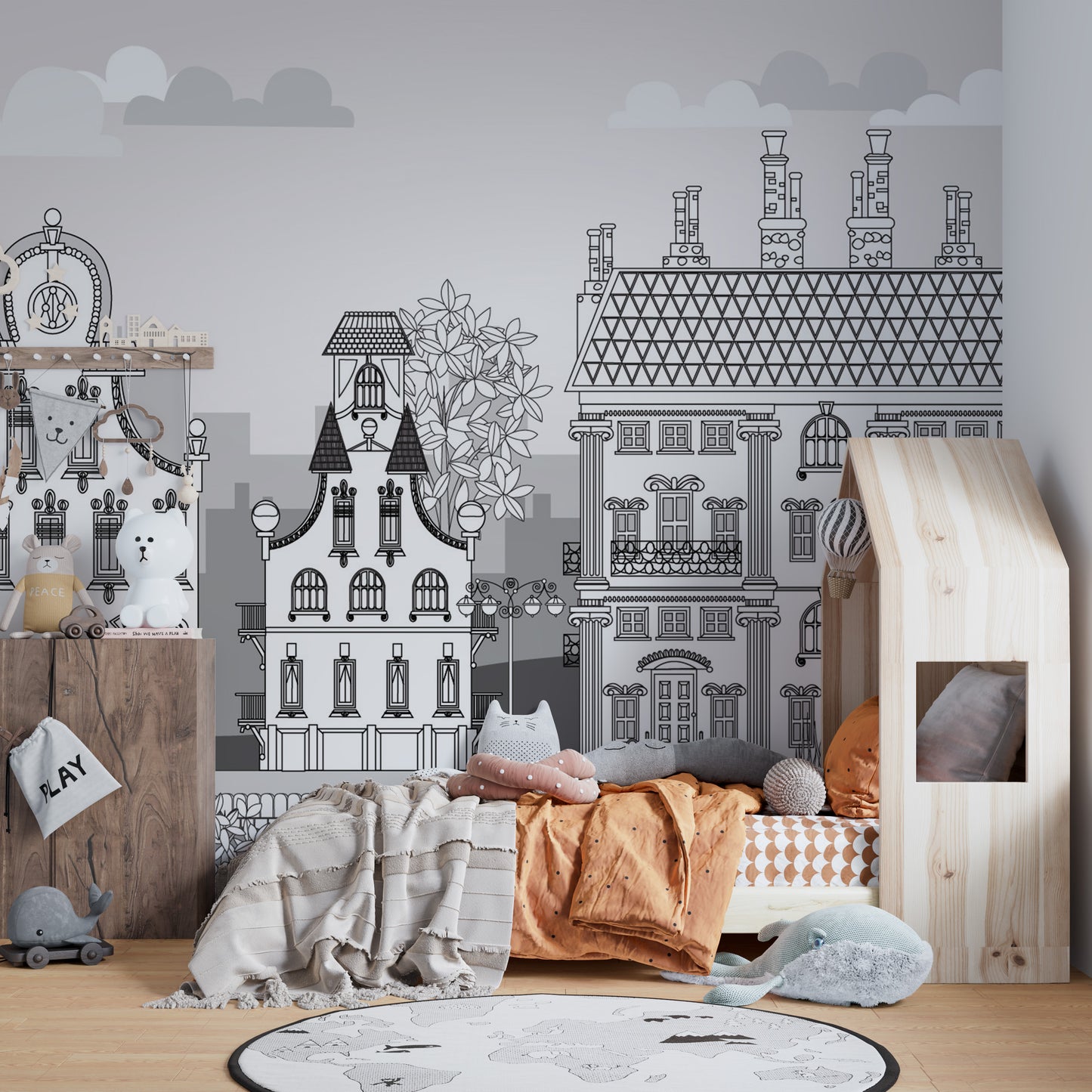 Town-themed mural adding fun and creativity to kids' interiors.
