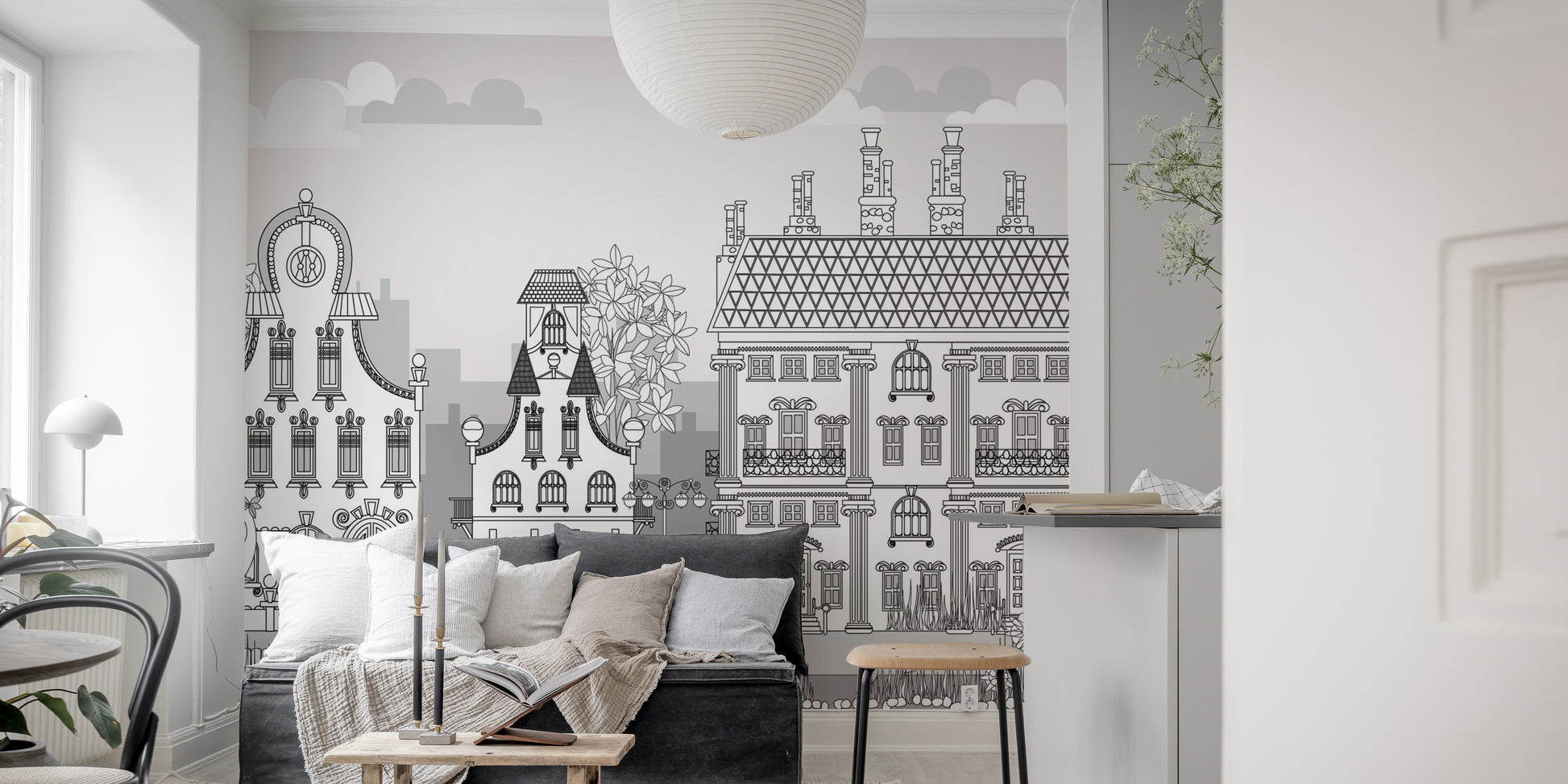 Lively mural with a whimsical town of imagination for kids' spaces.
