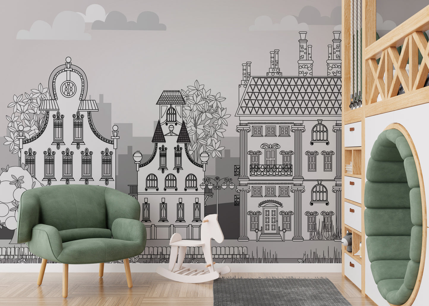 Kids' wallpaper mural with a magical town of imagination scene.
