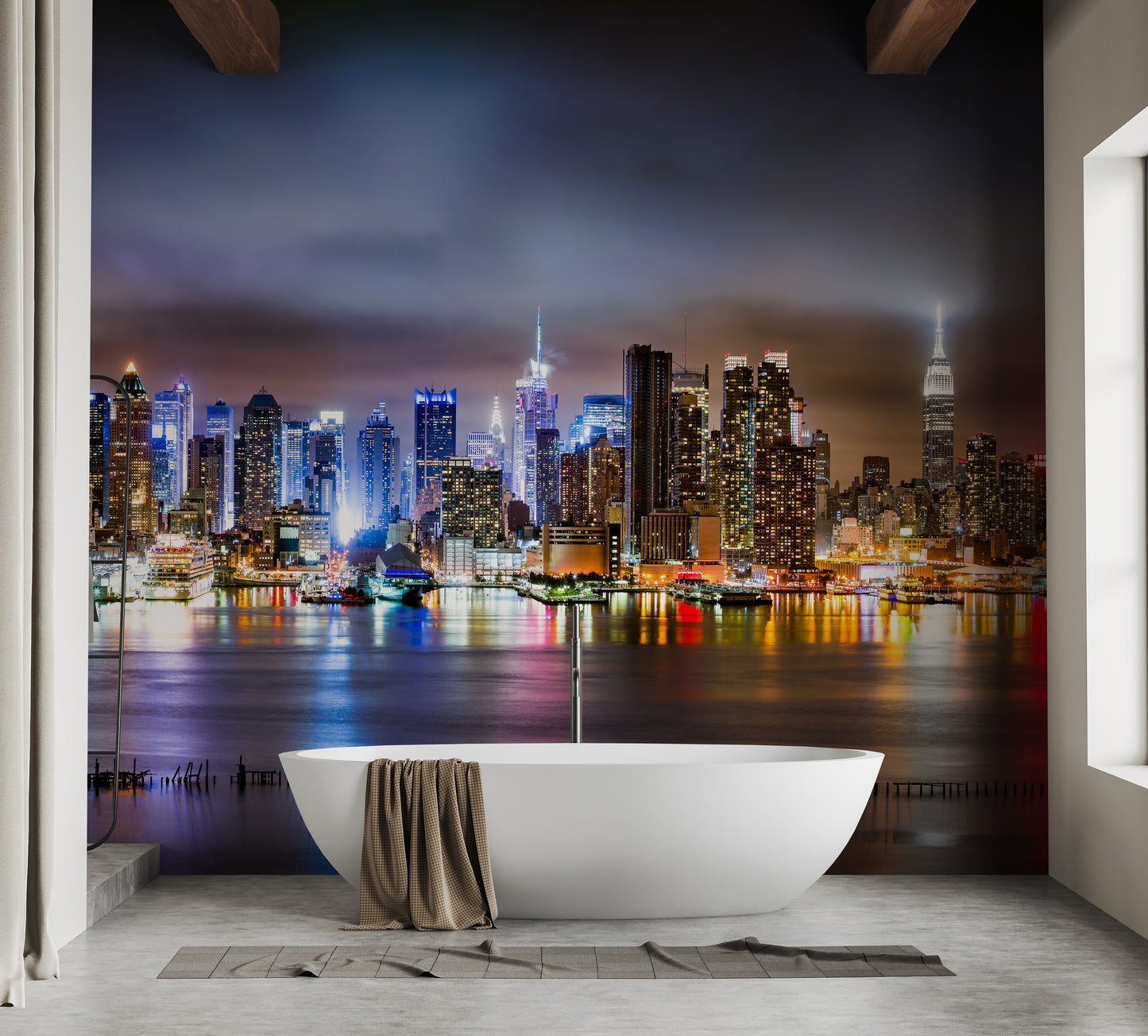 City that never sleeps" mural with dazzling New York City views.
