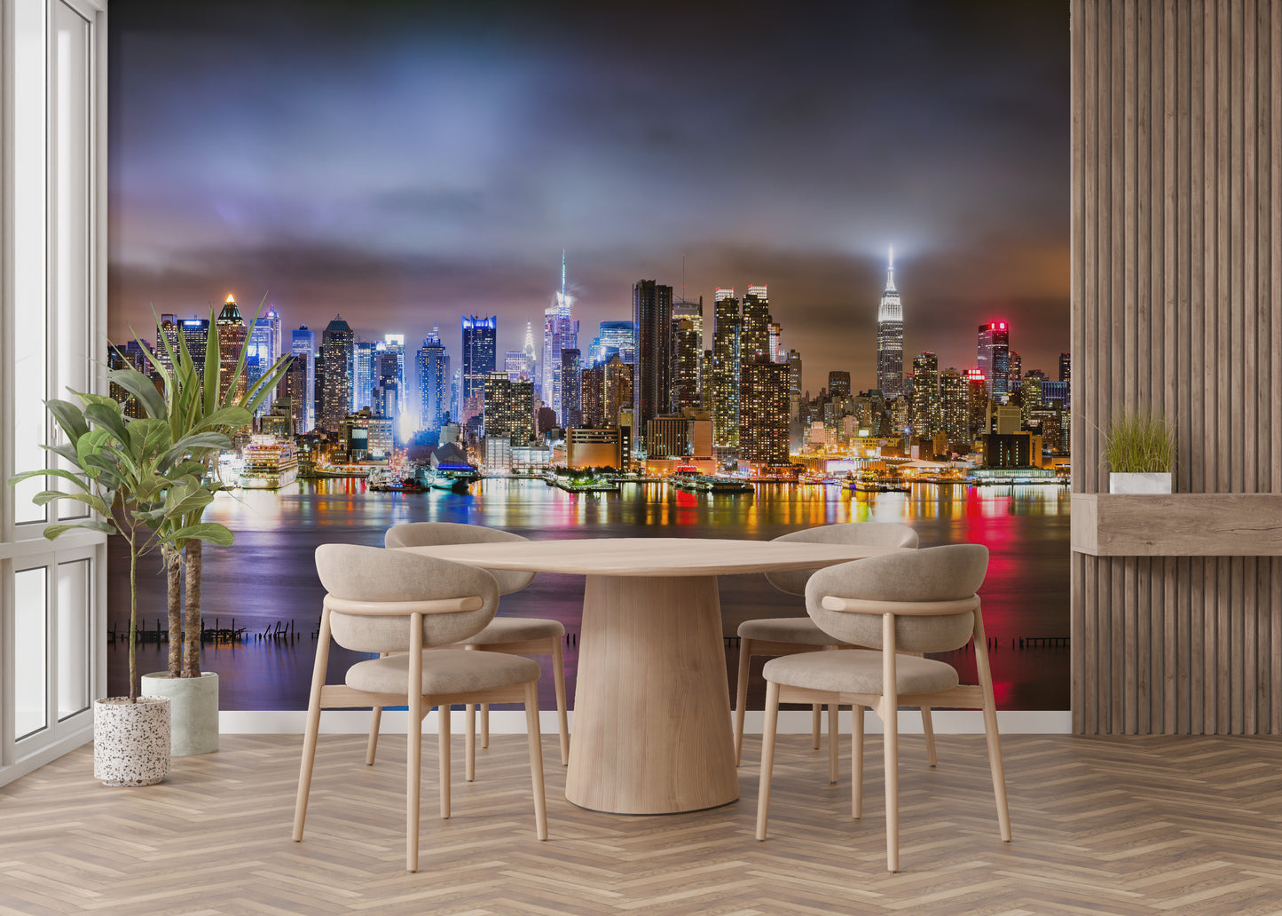 Artistic mural showcasing New York’s iconic nighttime skyline.
