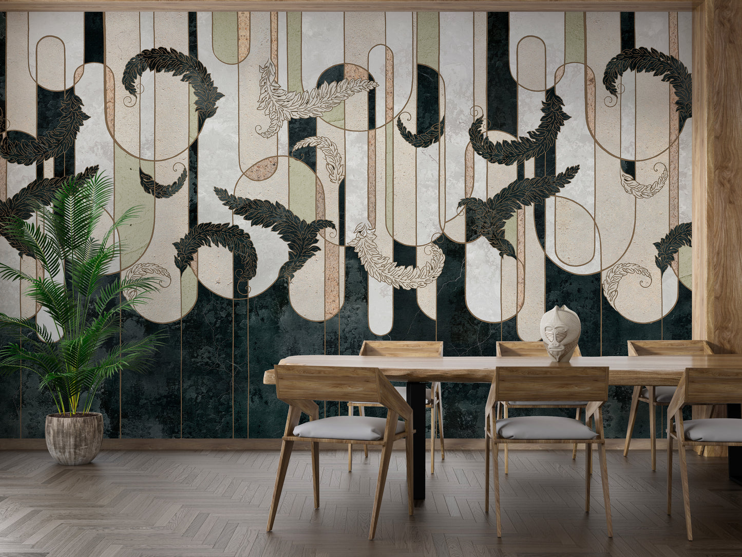 Dark green geometric mural with concrete textures for modern walls.
