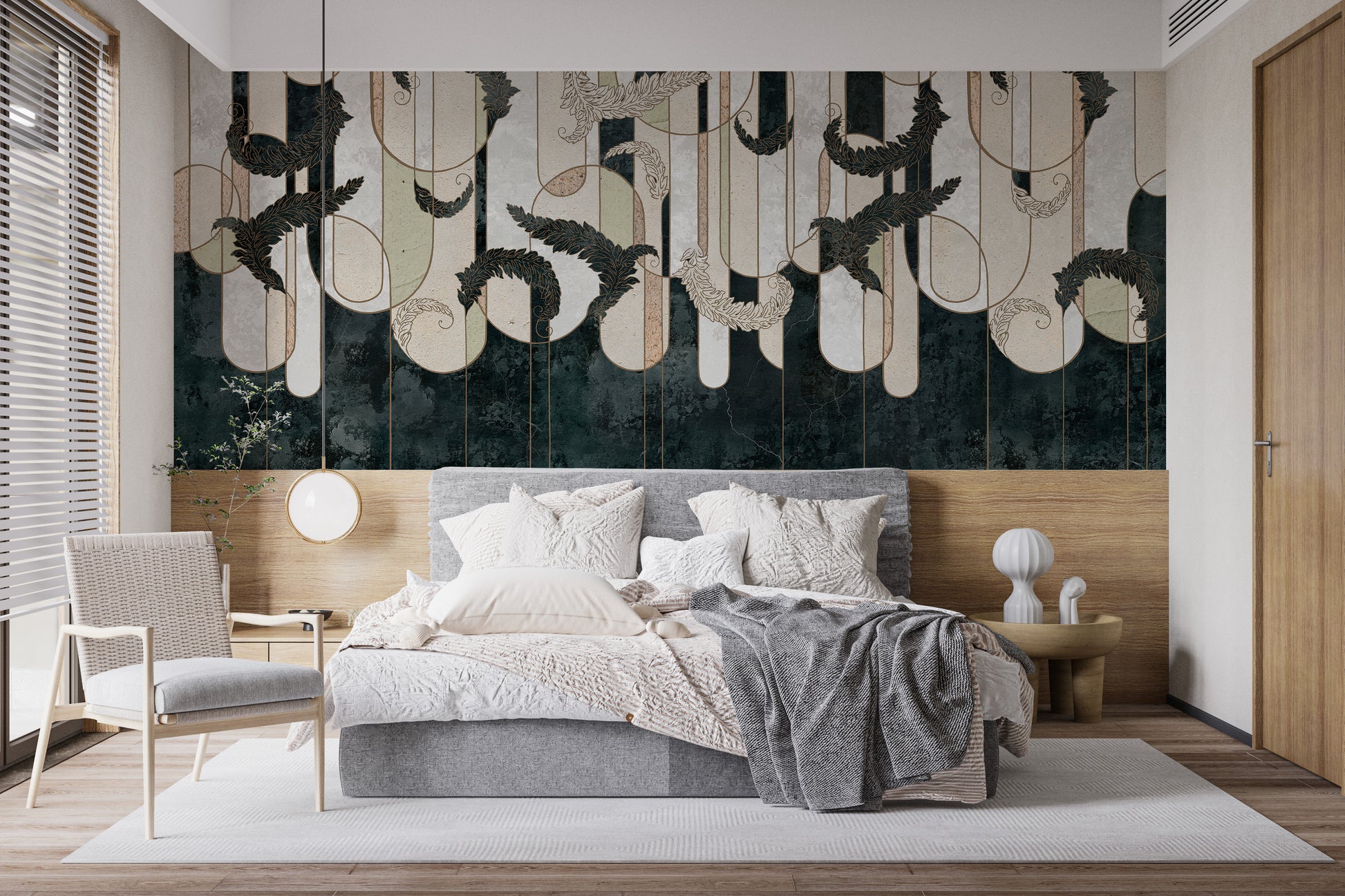 Stylish concrete mural with dark green geometric shapes for interiors.
