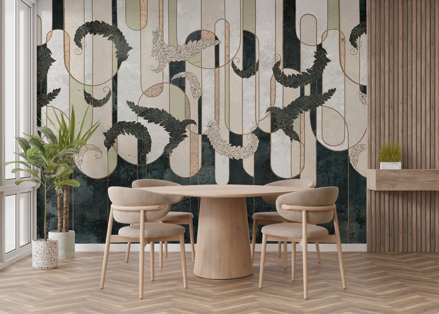 Concrete mural blending dark green geometry for contemporary decor.
