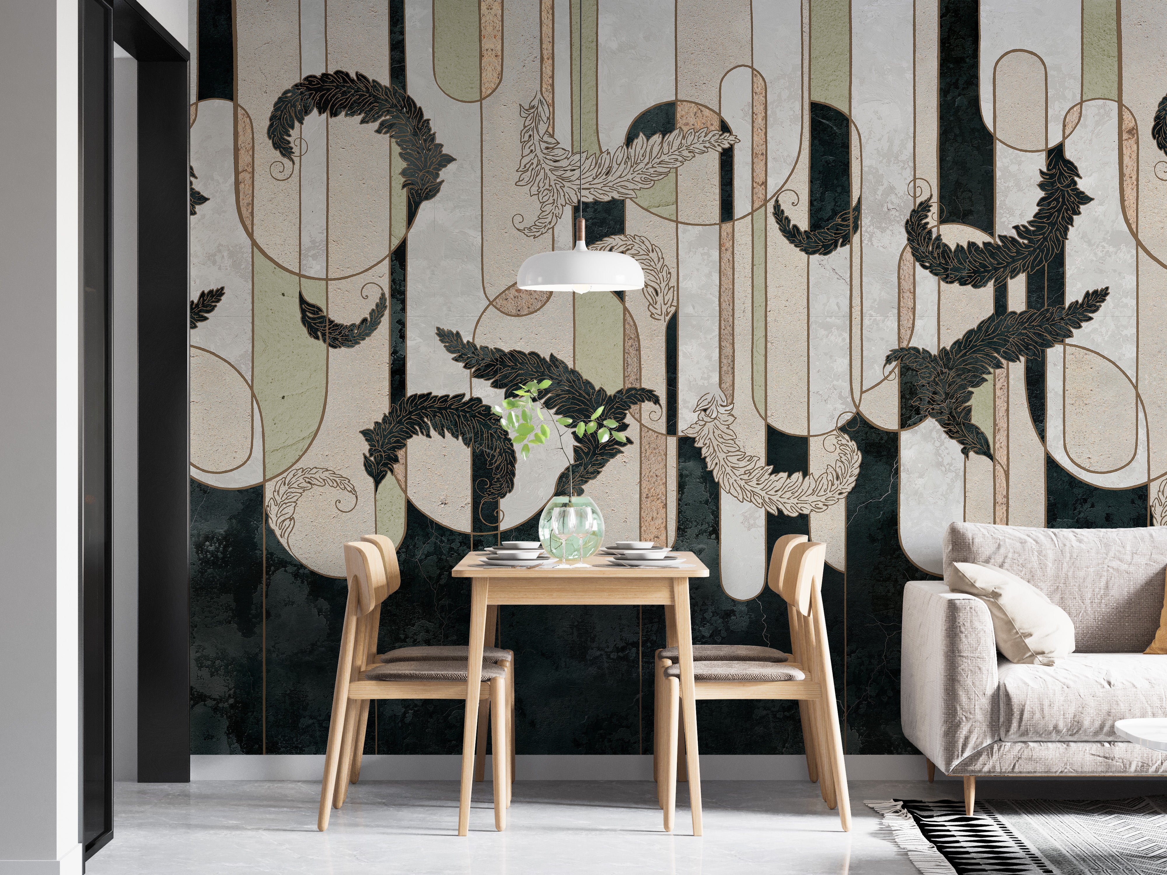 Geometric mural with dark green hues and raw concrete textures.
