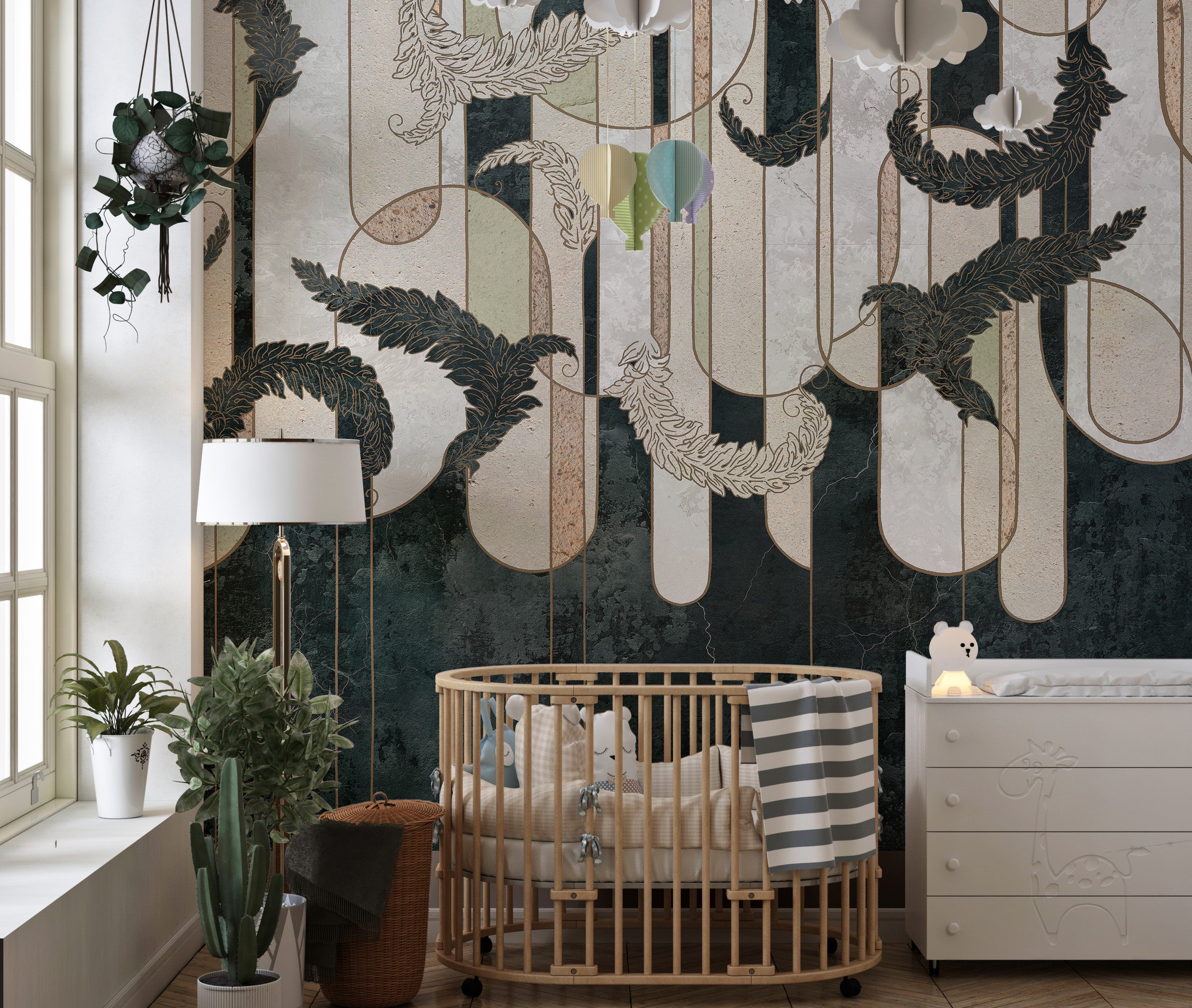 Artistic mural with dark green geometric designs and concrete tones.
