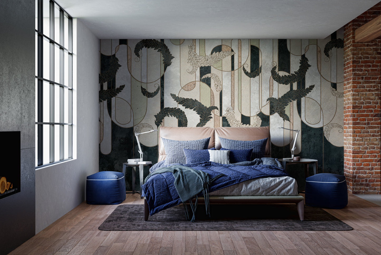 Dark green and concrete geometry mural for urban-inspired walls.
