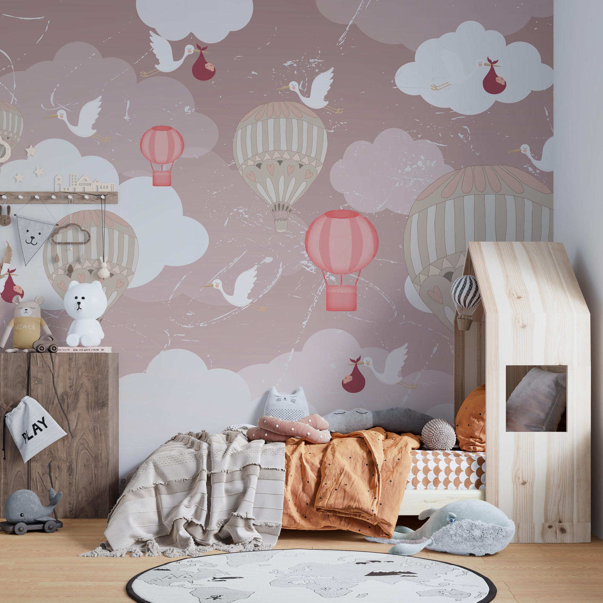 Floating tranquility mural with 3D balloons for serene interiors.
