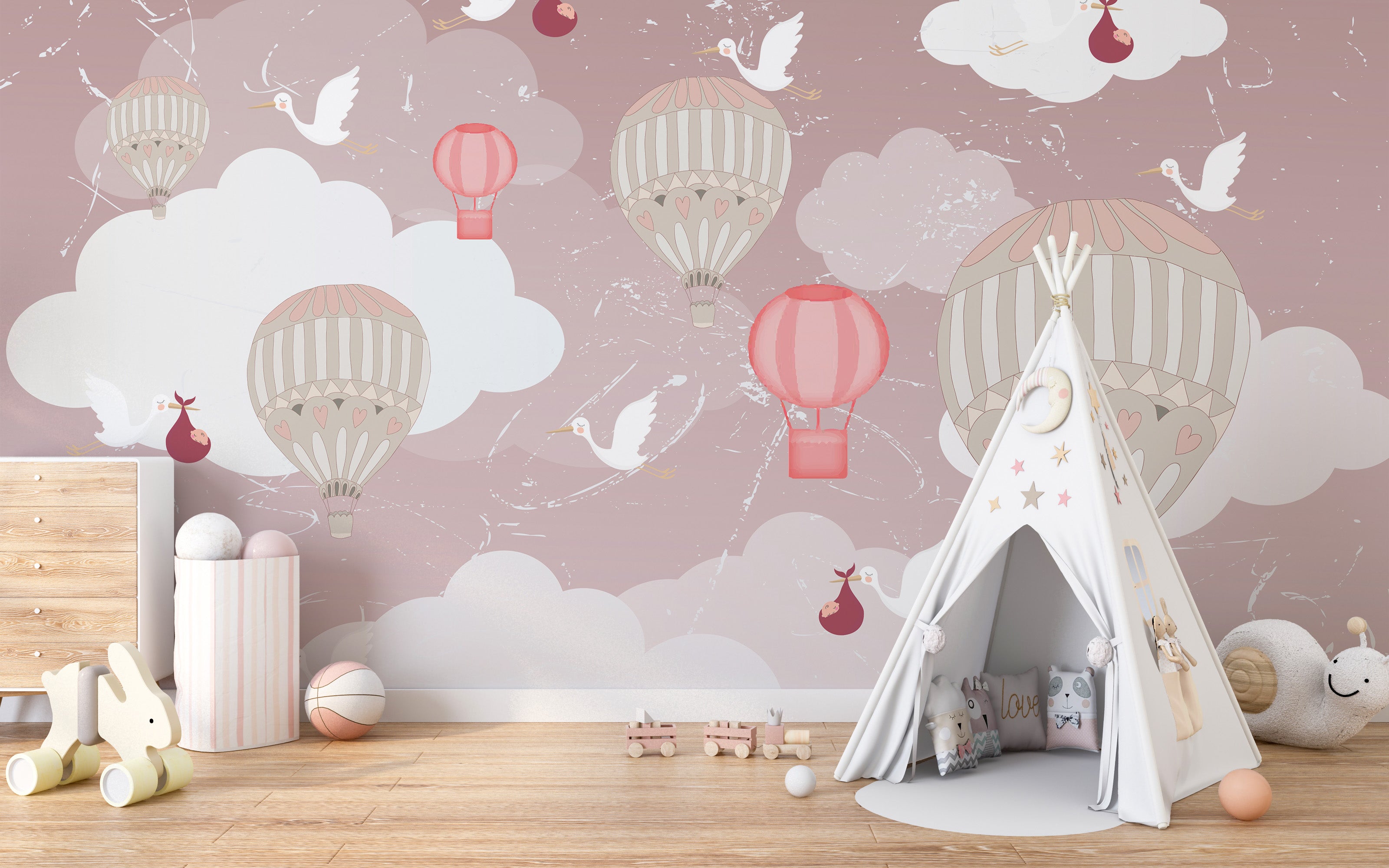 Floating balloons mural with 3D effects for dreamy wall aesthetics.
