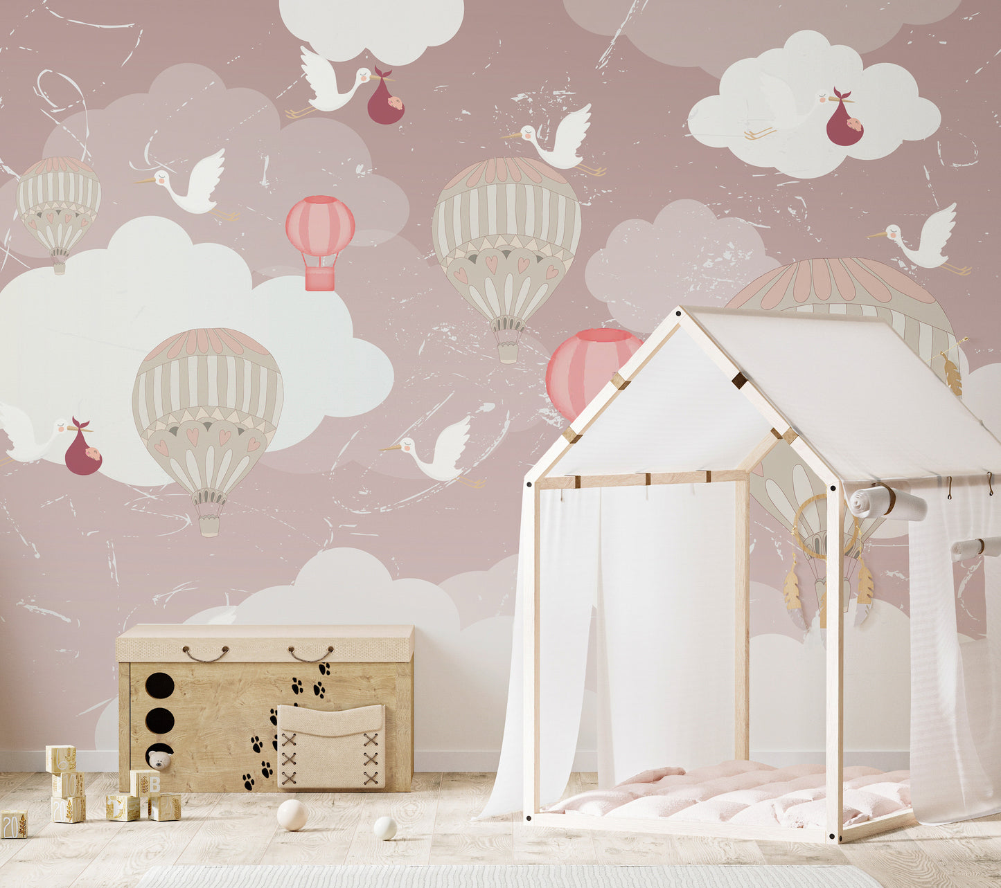 Floating tranquility mural with soft 3D balloon designs for walls.
