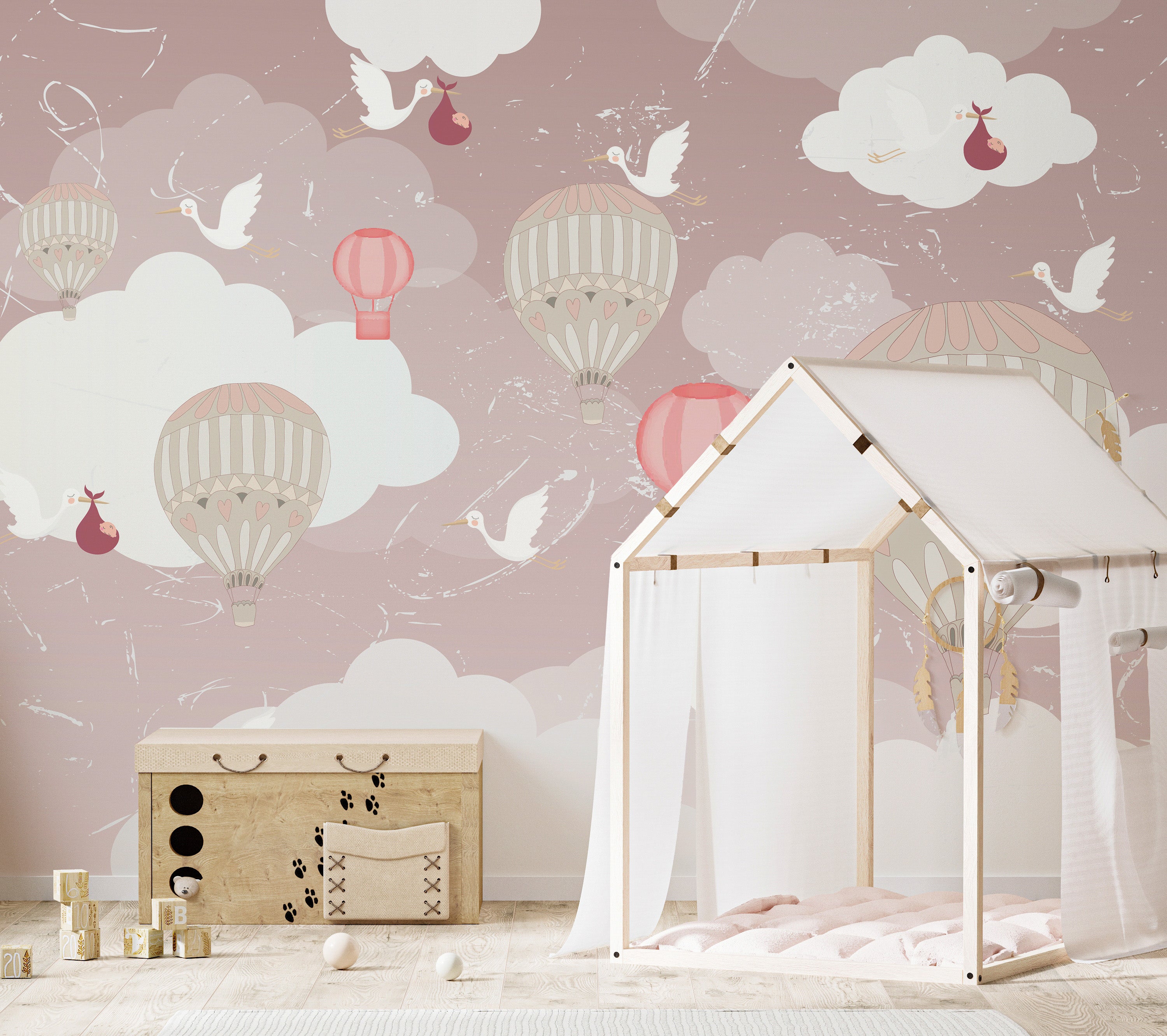 Floating tranquility mural with soft 3D balloon designs for walls.
