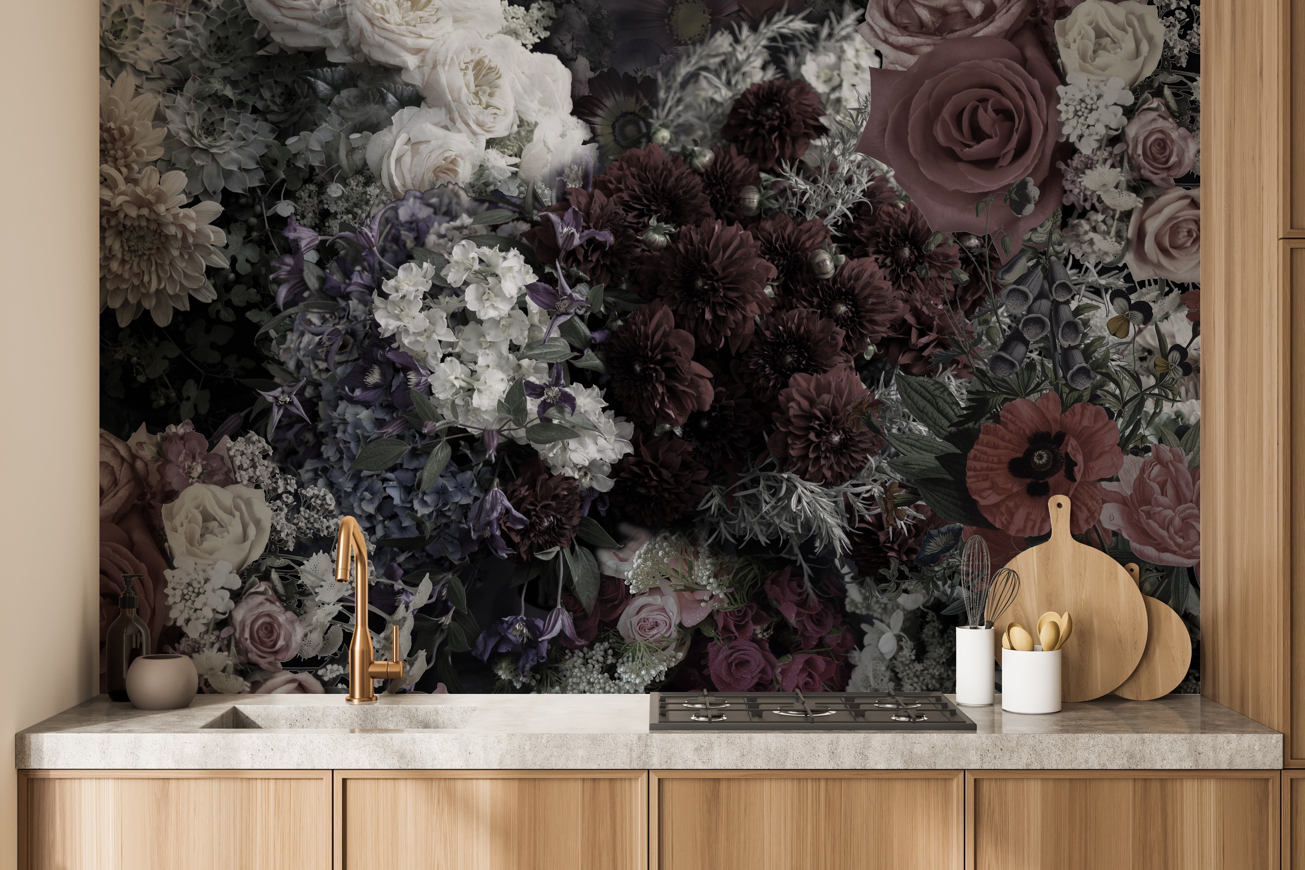 Gothic garden mural with serene dark florals for graceful walls.
