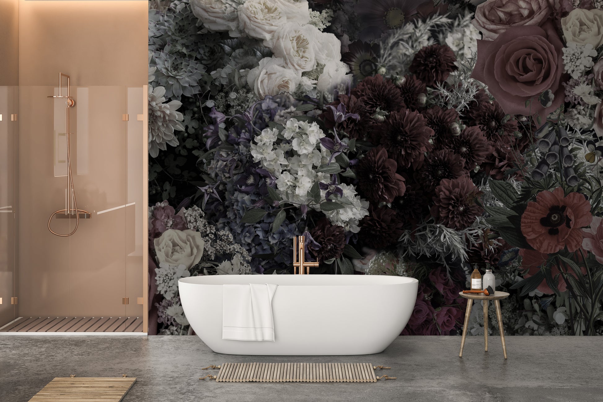 Gothic-inspired dark floral mural adding calmness to interiors.
