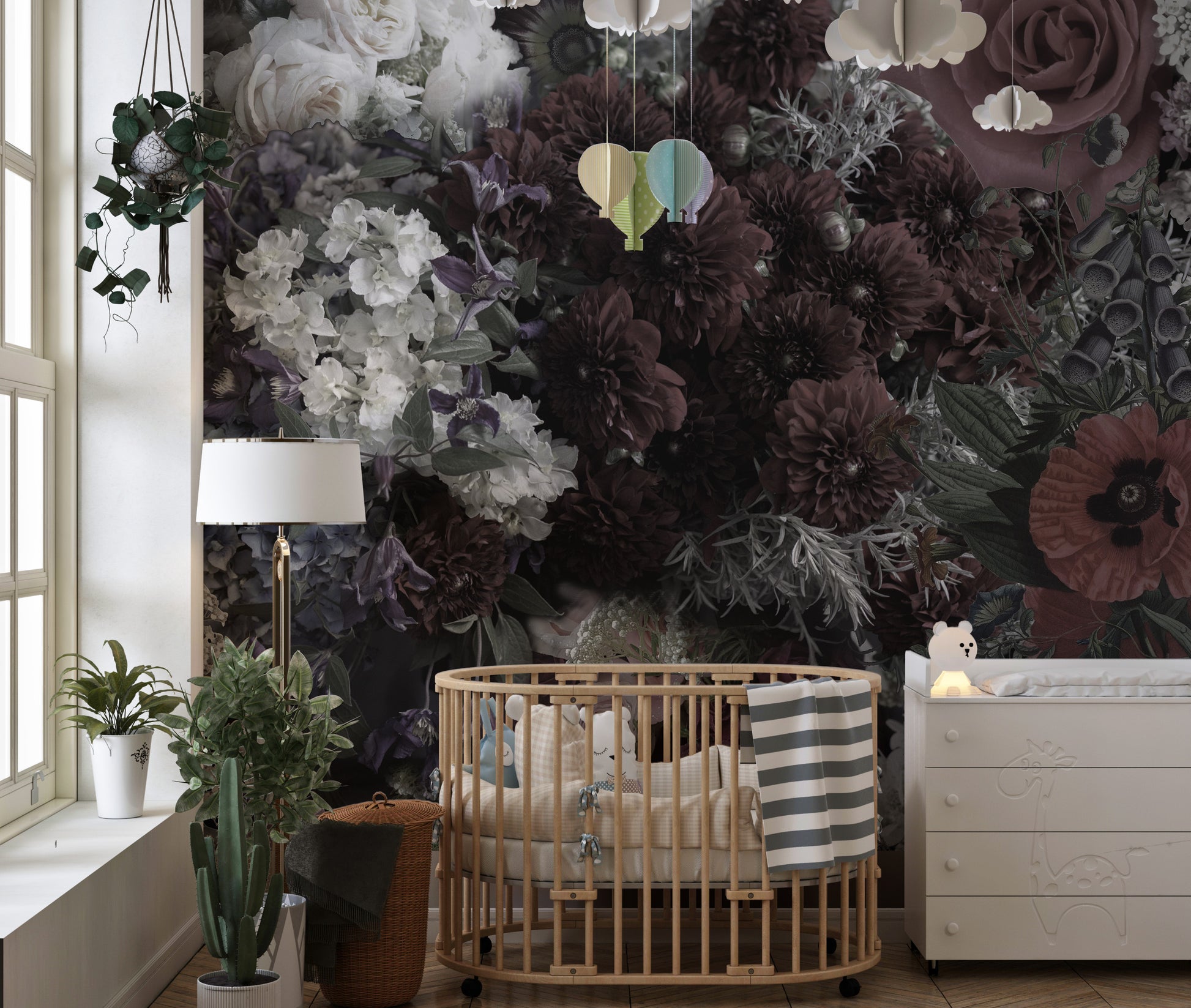 Peaceful mural featuring gothic garden florals for tranquil decor.
