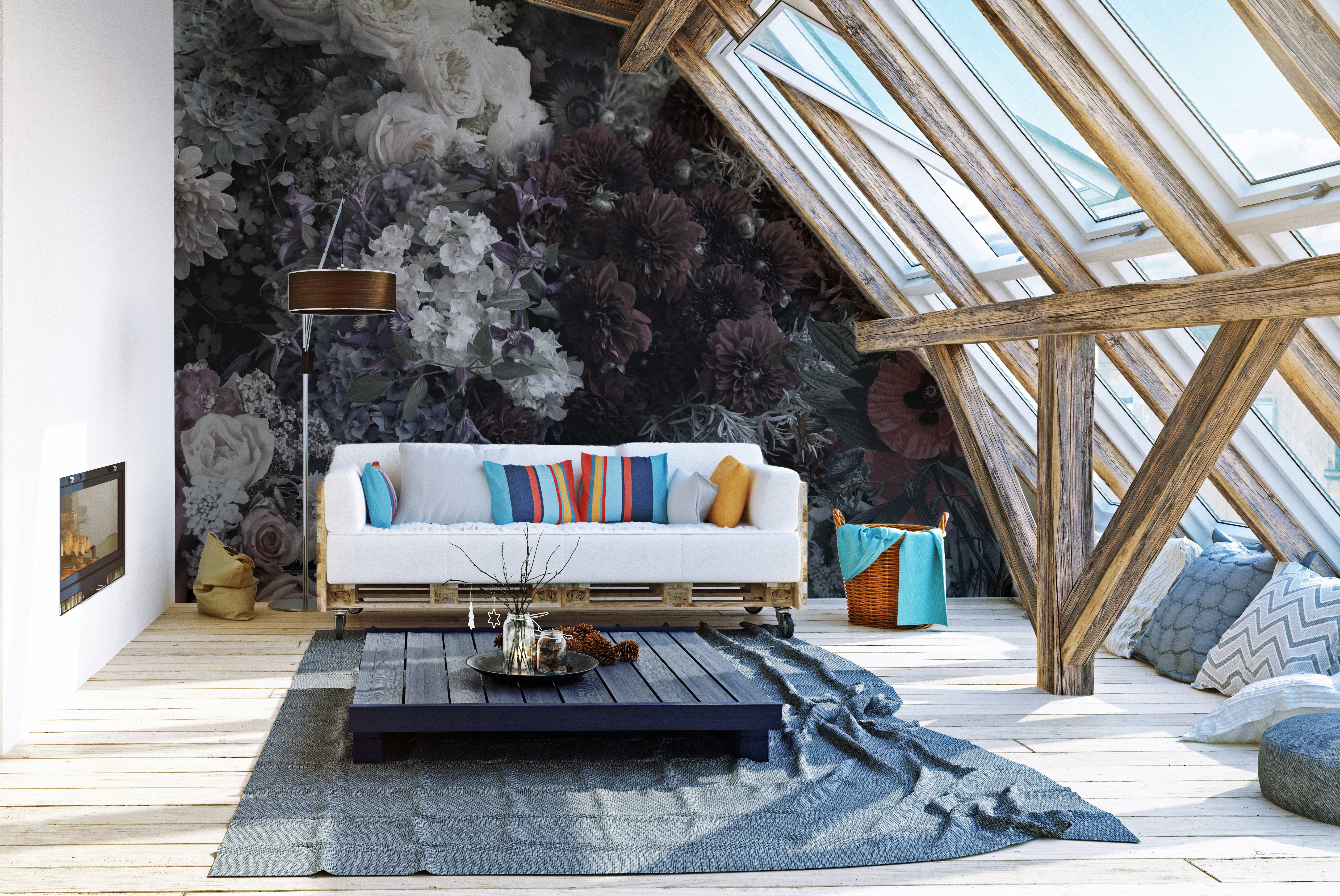 Dark floral mural creating a serene and elegant gothic garden vibe.
