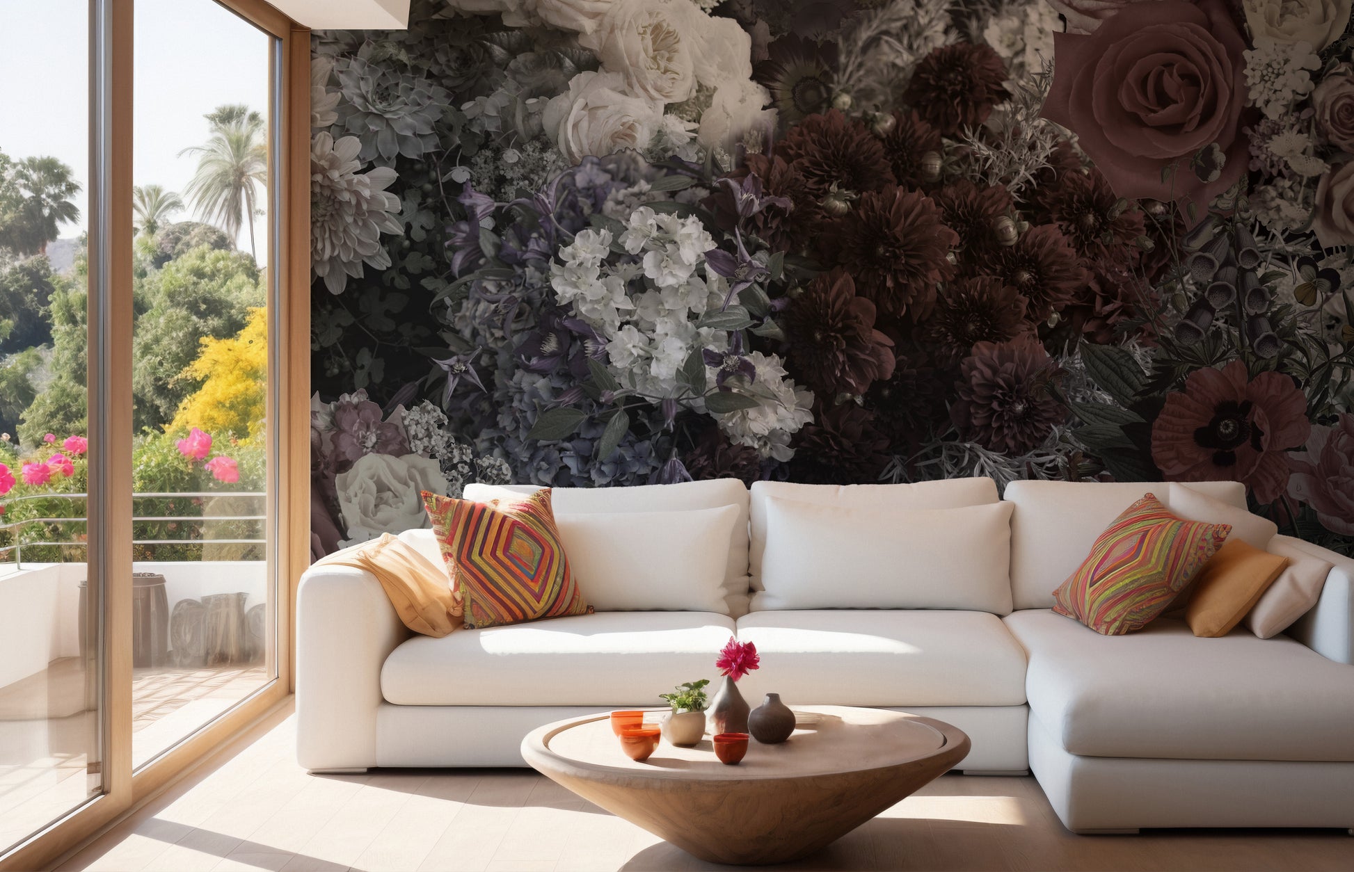 Gothic garden mural with dark florals for a peaceful wall design.
