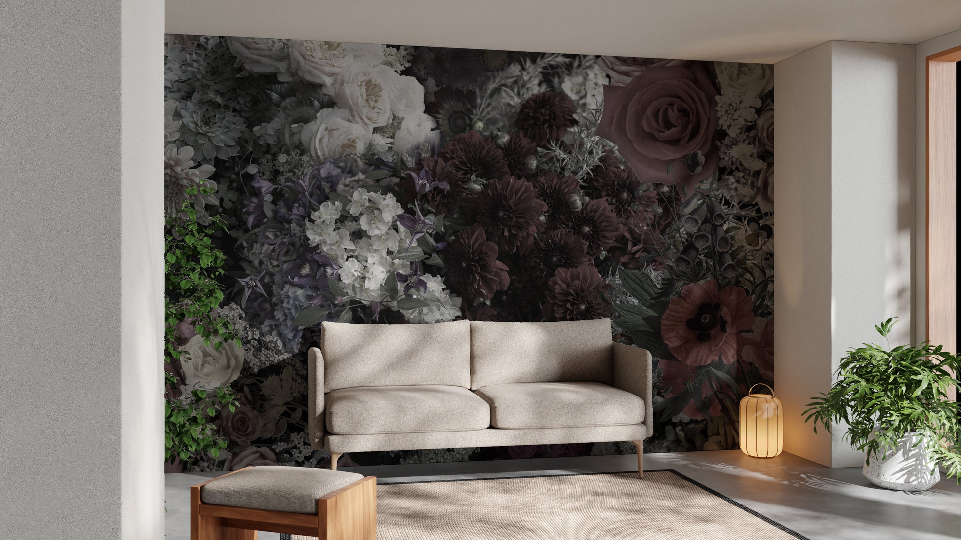 Artistic mural of dark florals creating a peaceful gothic ambiance.
