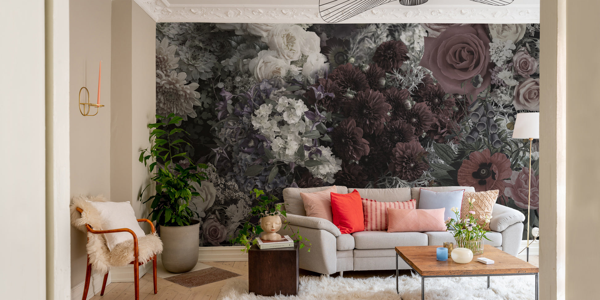 Peaceful mural showcasing gothic-inspired dark floral designs.
