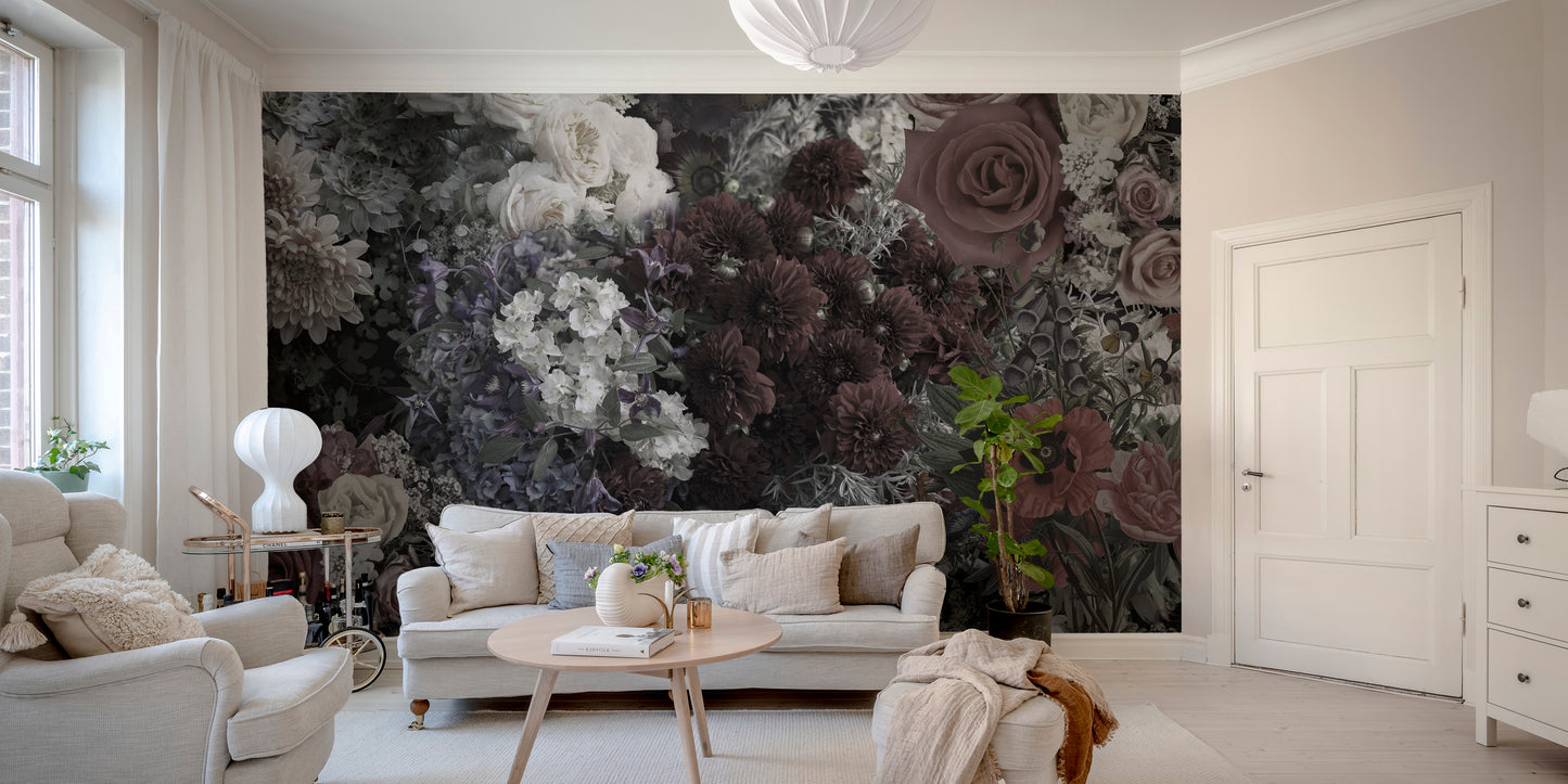 Dark floral wallpaper mural blending gothic charm and peace.