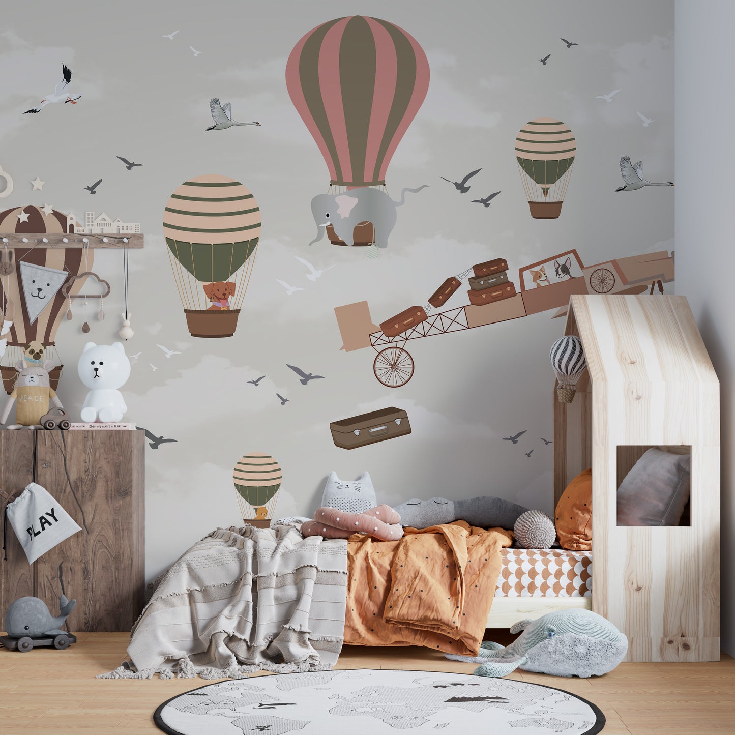 Sky safari wildlife mural adding energy to creative wall spaces.
