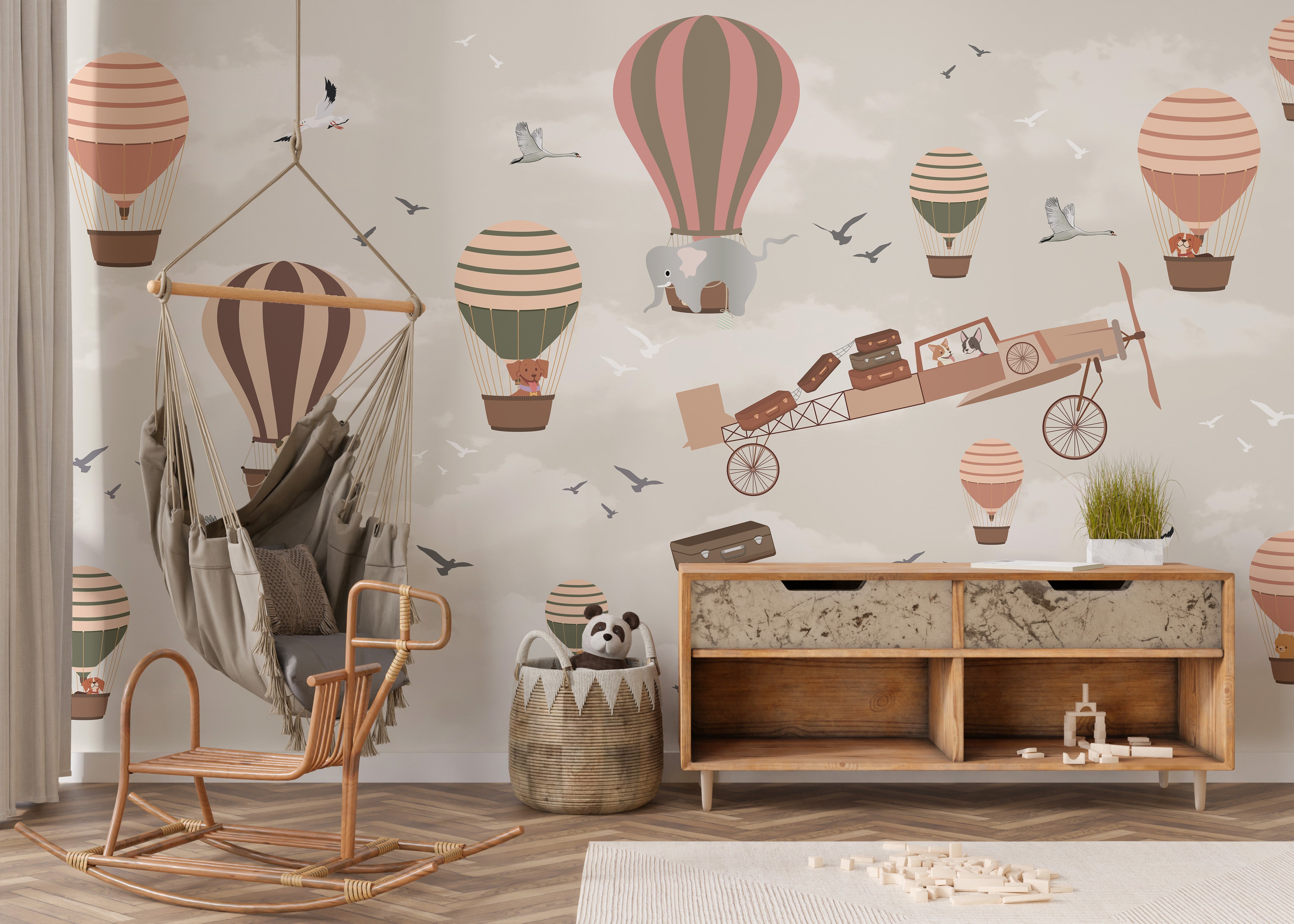 Sky safari mural featuring vibrant wildlife for adventurous decor.
