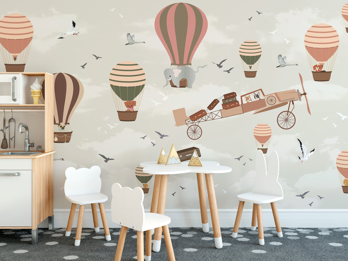 Wildlife wallpaper mural with a playful sky safari design.
