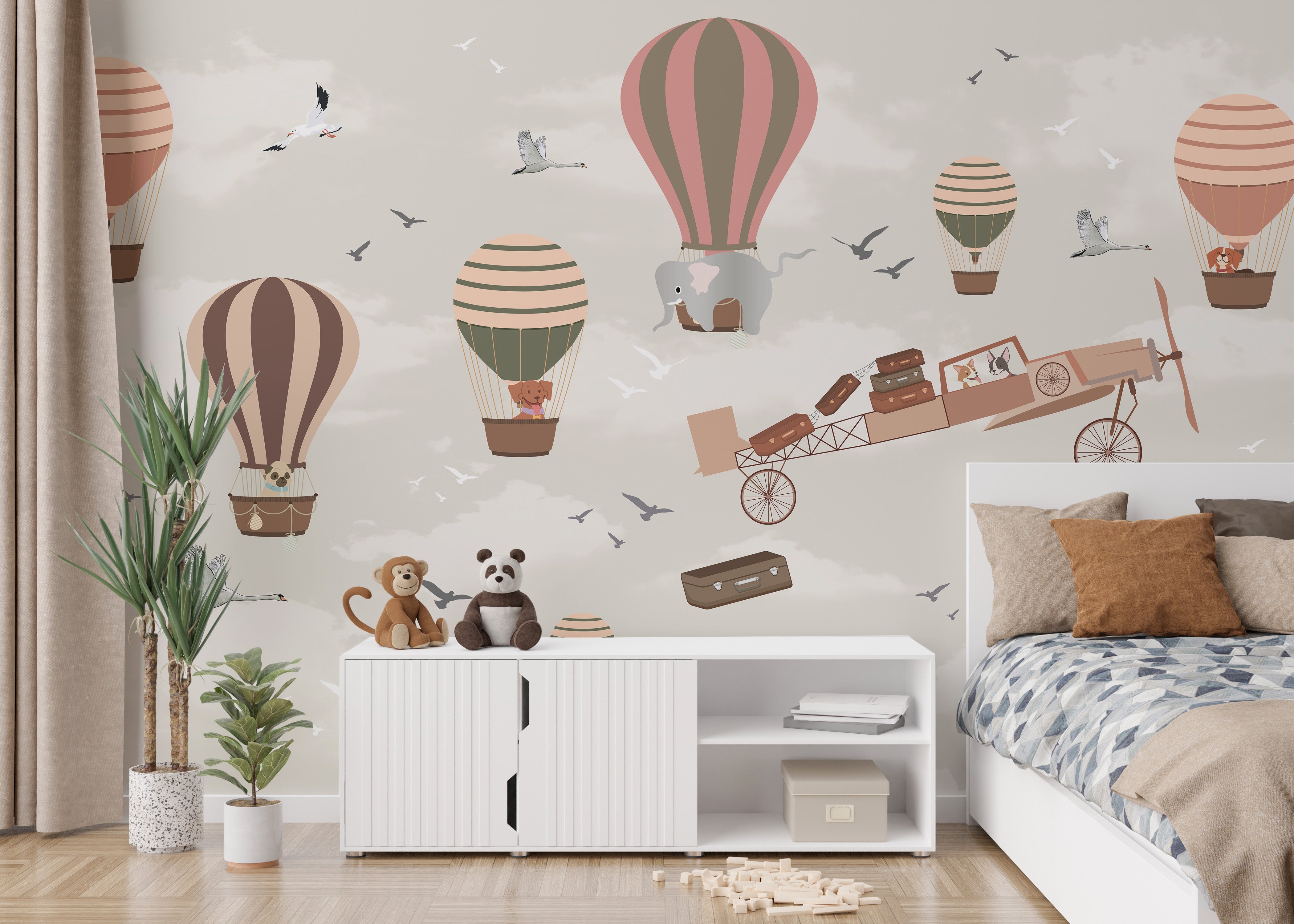 Vibrant mural featuring wildlife in a whimsical sky safari scene.
