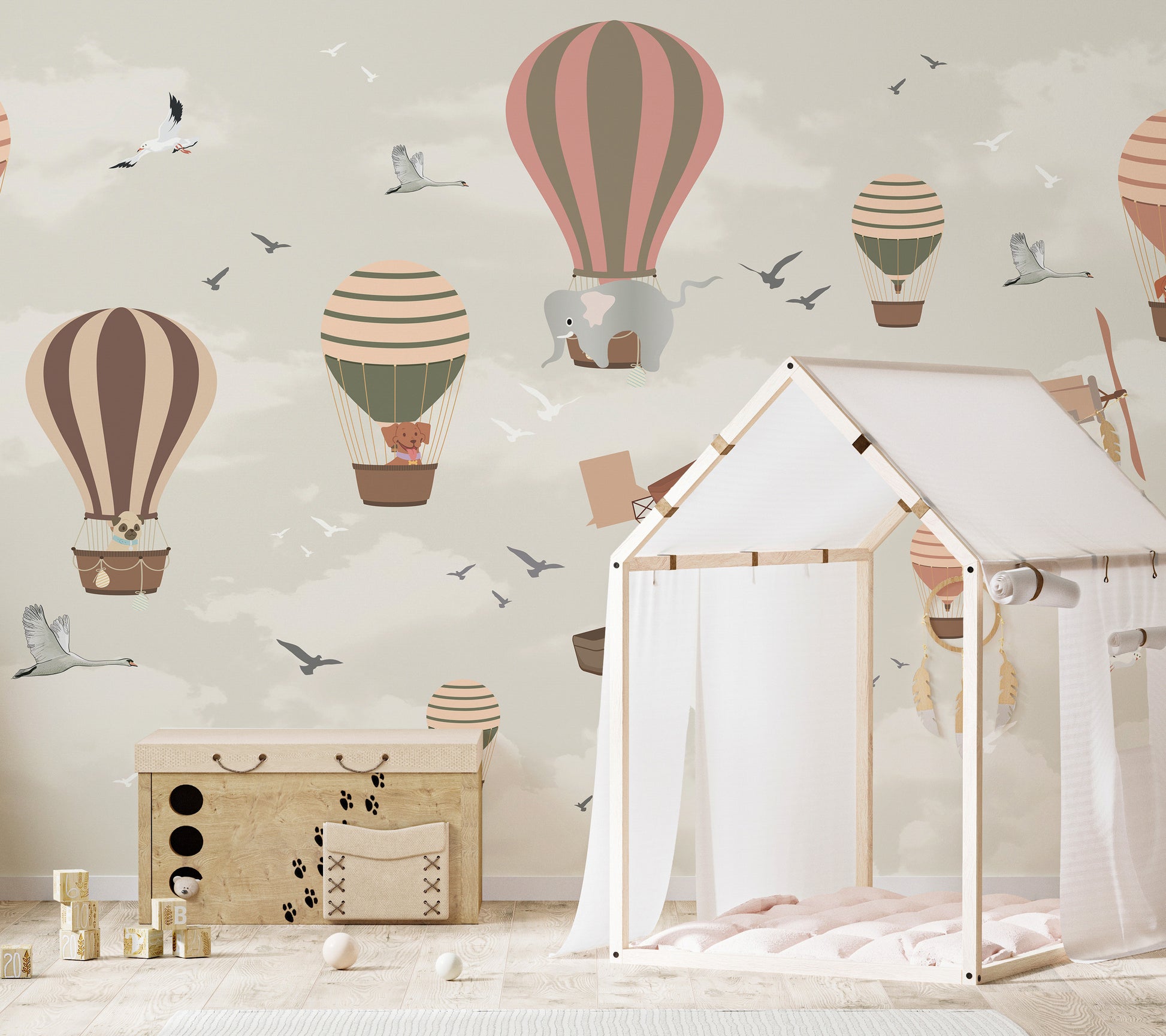 Sky safari wildlife mural for fun and dynamic wall interiors.
