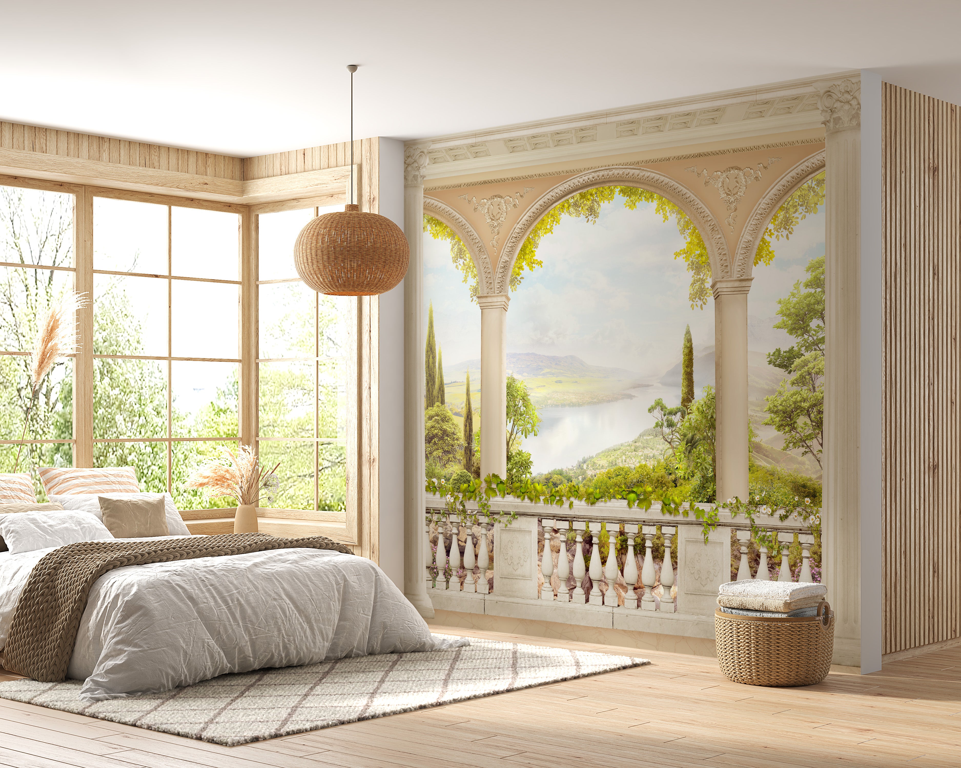 Vintage-inspired mural with a balcony overlooking serene scenery.
