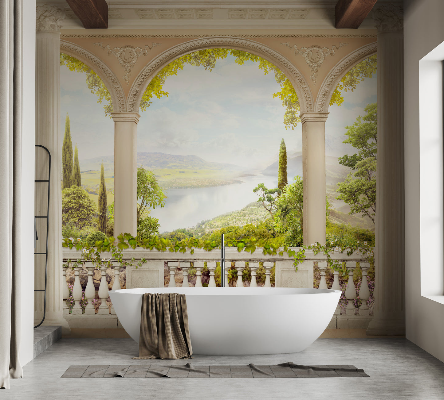 Elegant mural with a vintage balcony and scenic old world charm.
