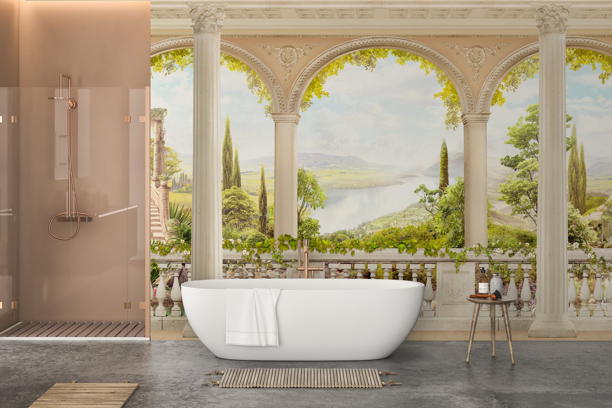 Old world mural with a vintage balcony and scenic outlook design.
