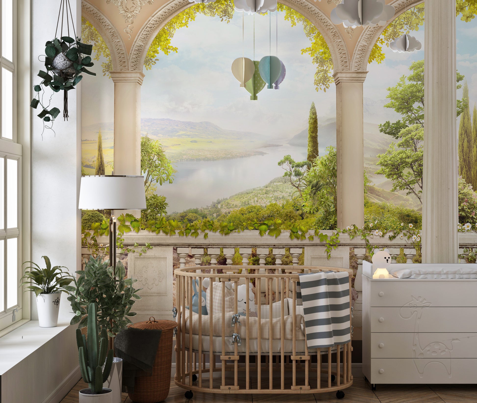 Old world outlook mural blending vintage charm and elegance.
