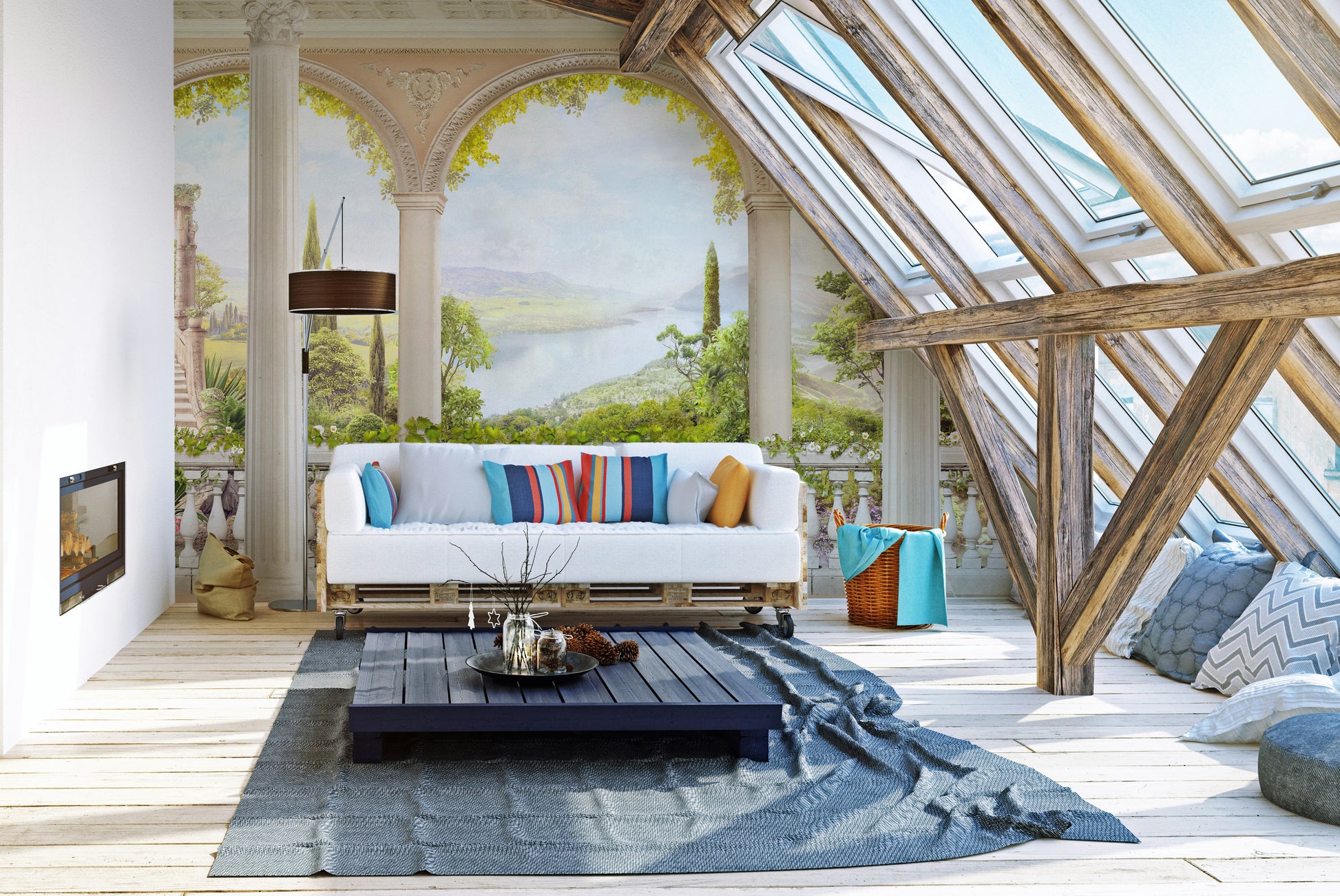 Scenic mural with a vintage balcony view for timeless interiors.
