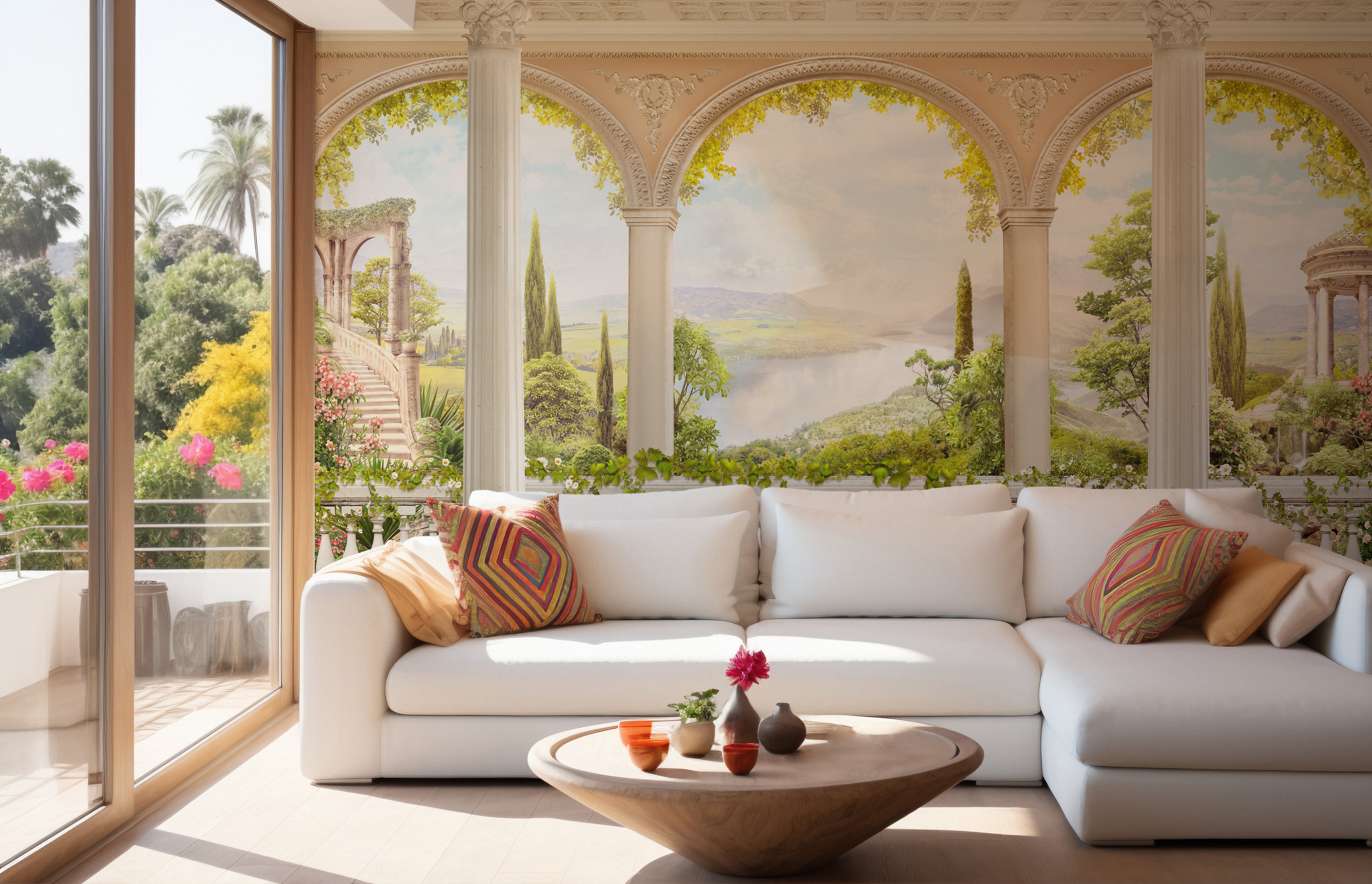 Old world balcony mural with a charming and classic outlook.
