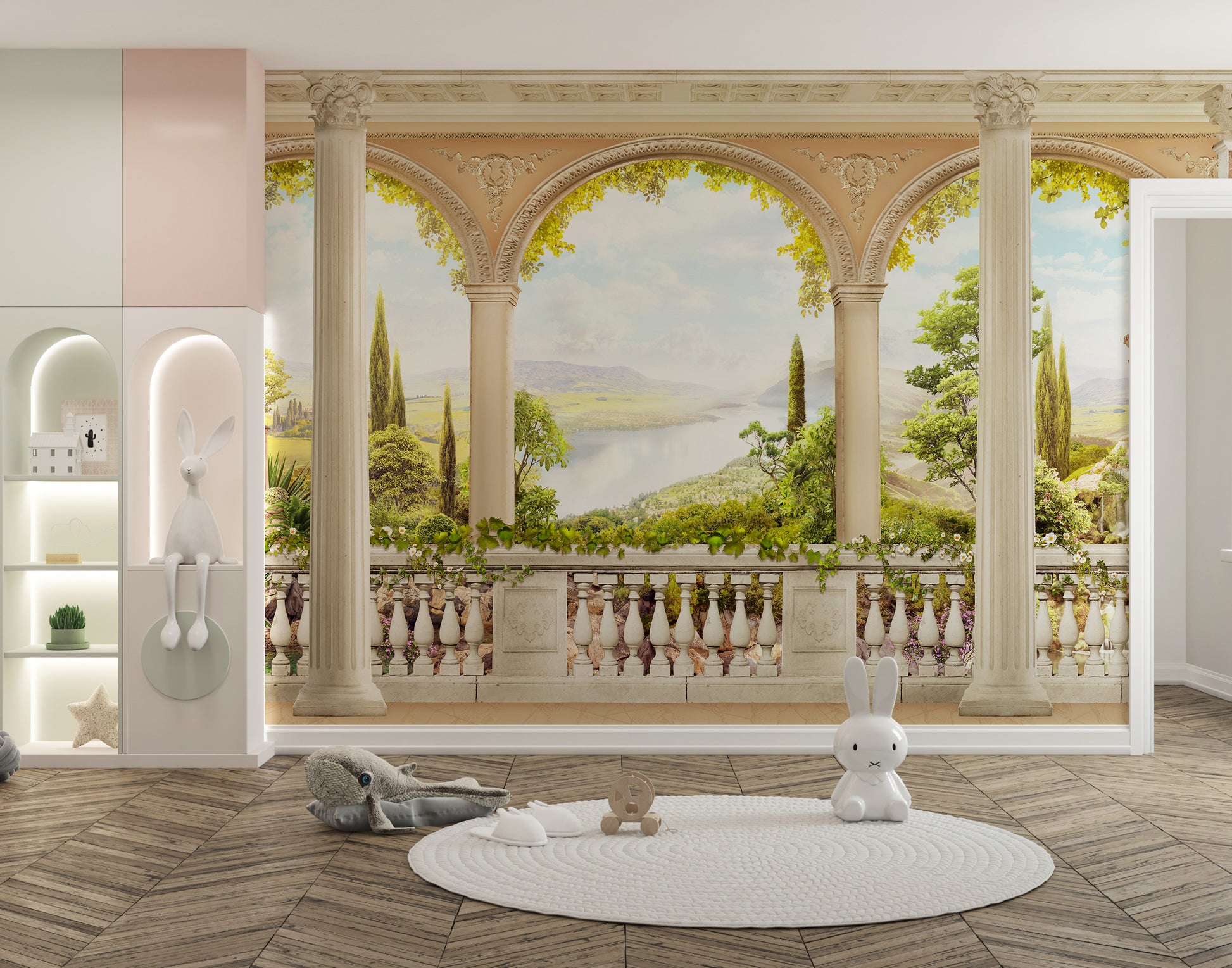 Artistic mural featuring an elegant vintage balcony and scenery.
