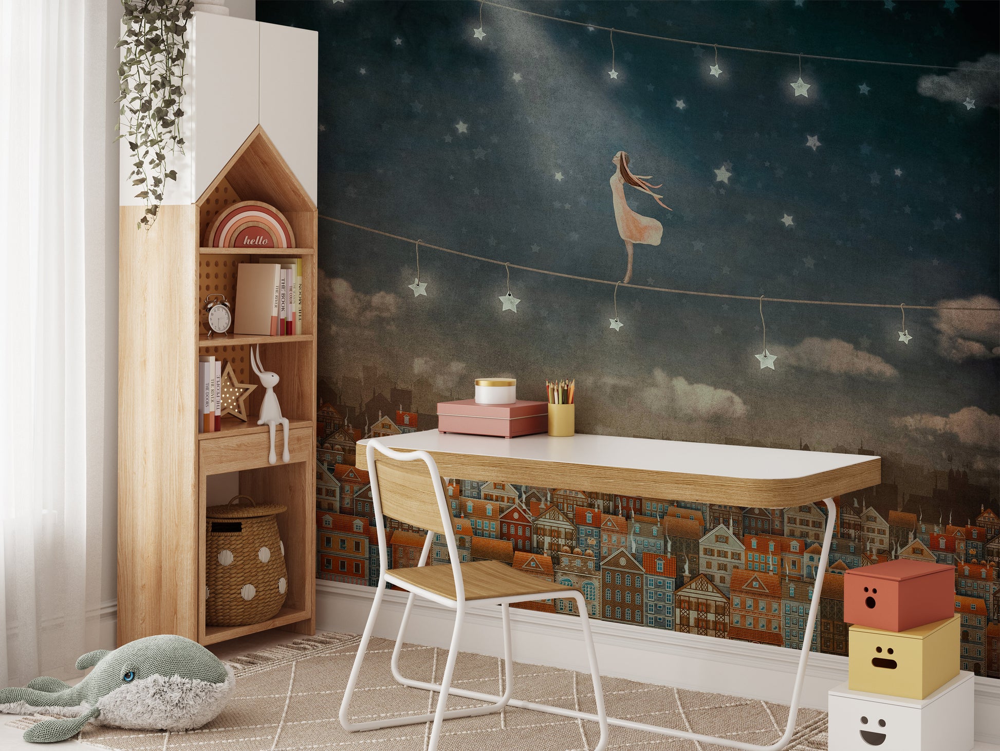 Cute houses mural with a magical midnight atmosphere for walls.
