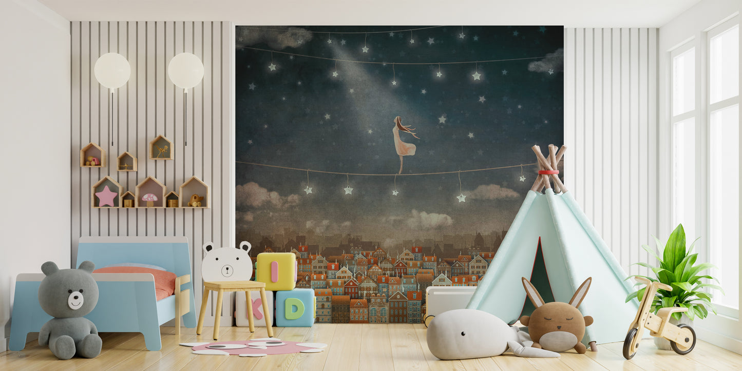 Nighttime mural featuring whimsical houses for cozy wall decor.
