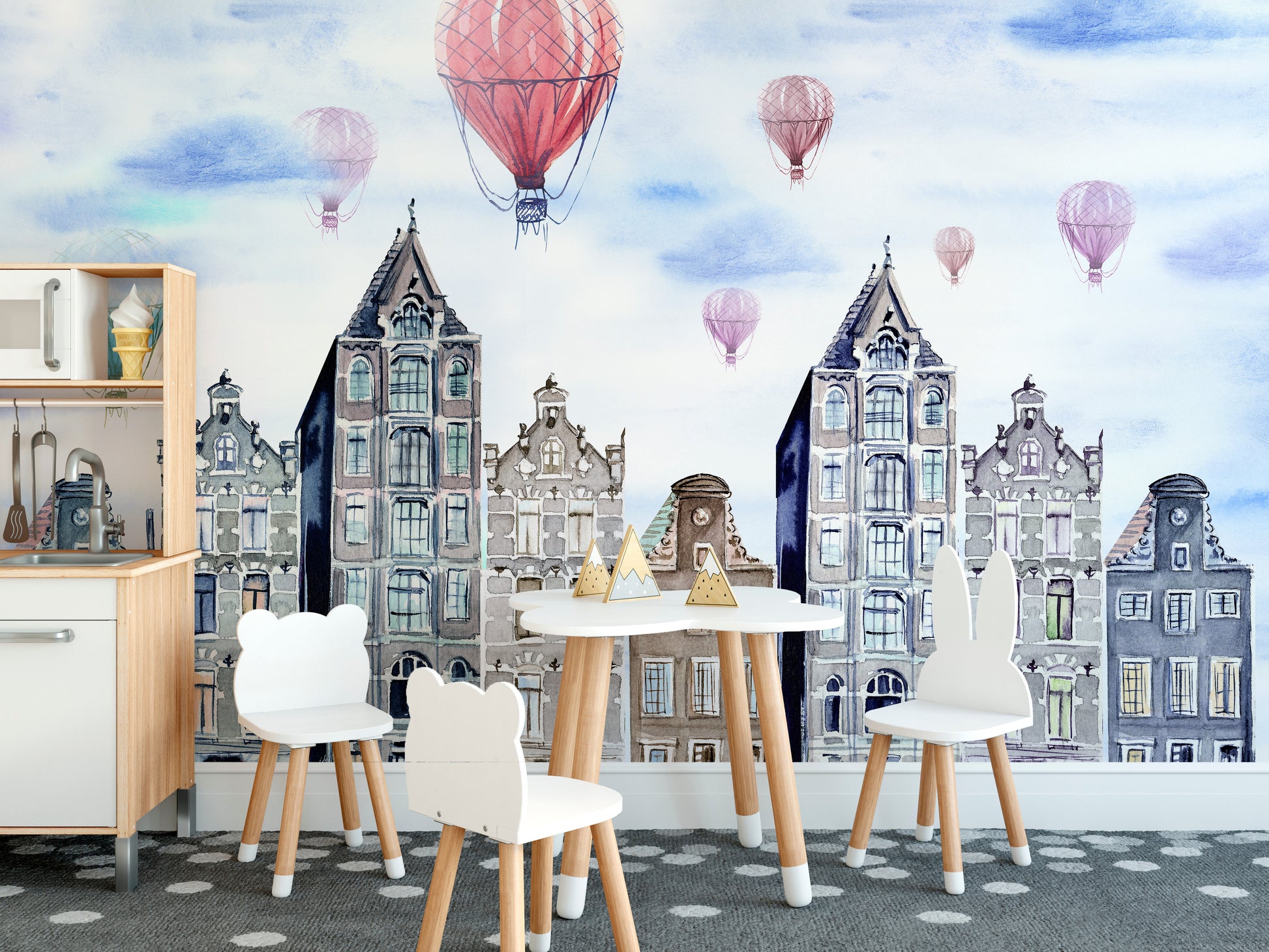 Artistic Amsterdam mural showcasing a cityscape with watercolor hues.



