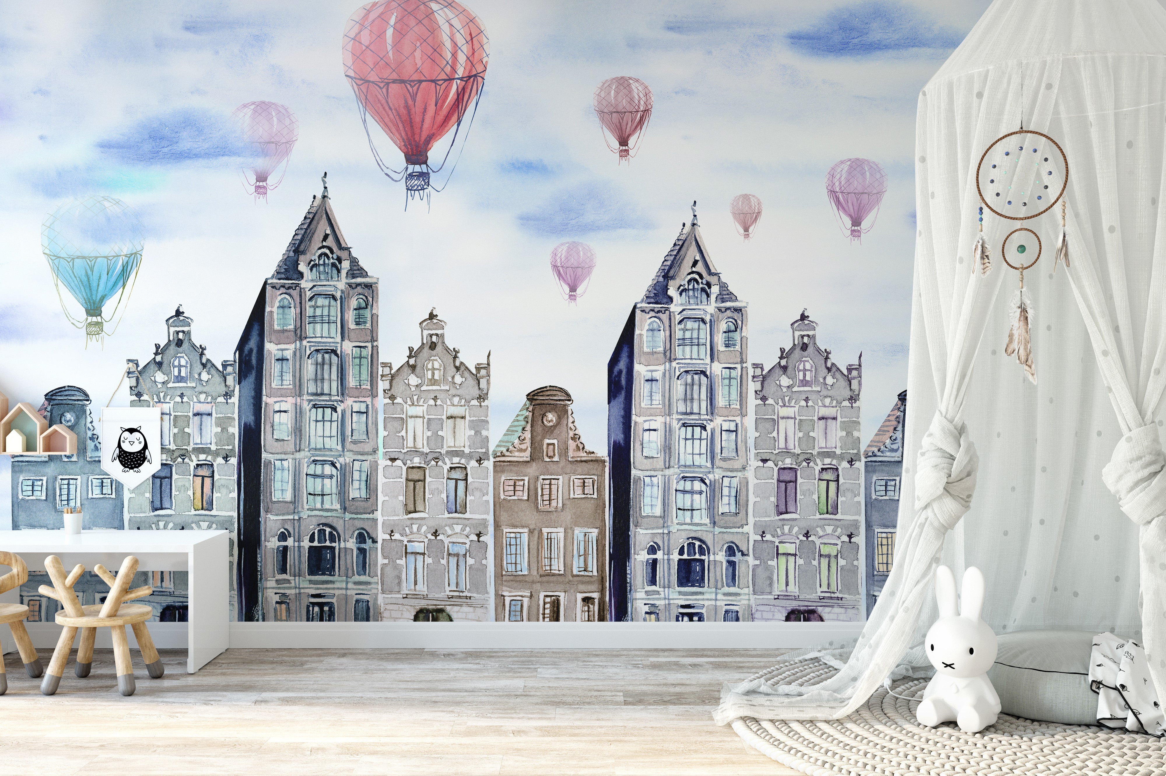 Cityscape mural of Amsterdam in vibrant and graceful watercolor tones.
