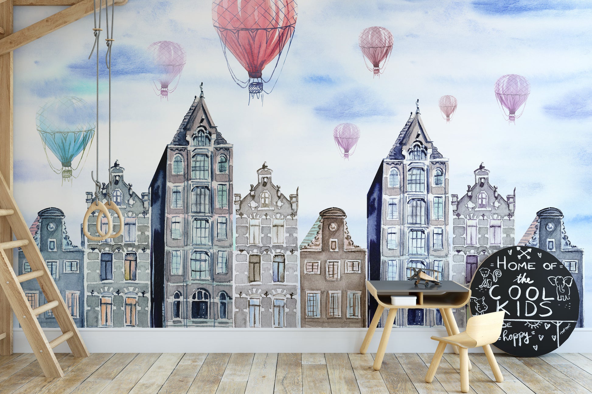 Amsterdam hues mural adding soft elegance with watercolor designs.
