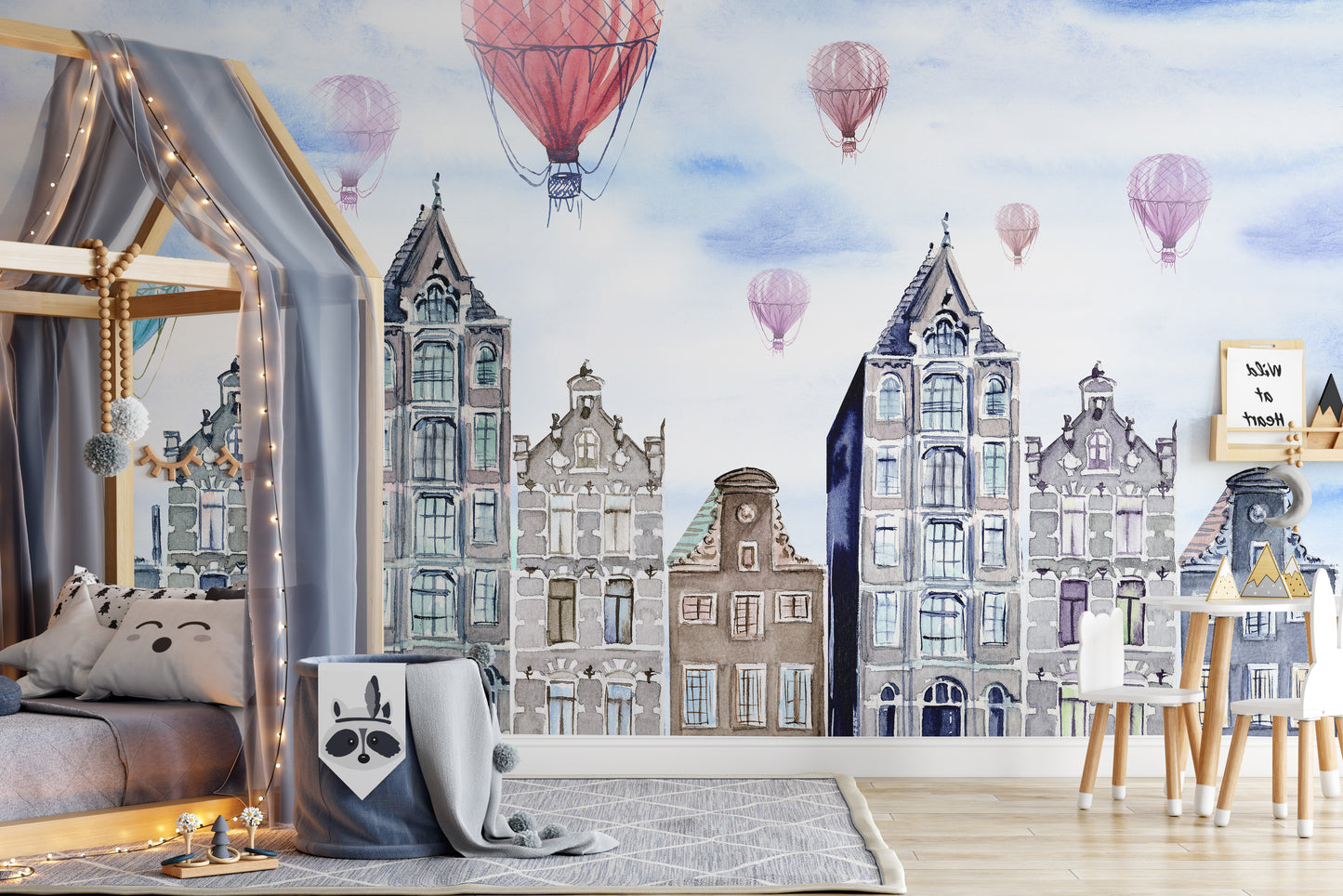 Amsterdam cityscape mural with artistic watercolor details for walls.
