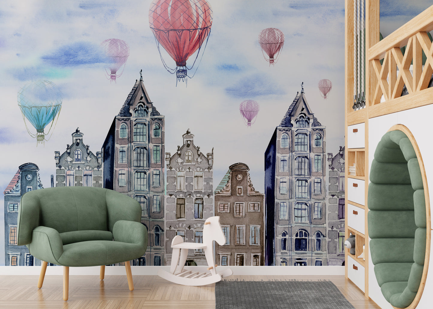 Elegant mural featuring Amsterdam's iconic cityscape in watercolor.
