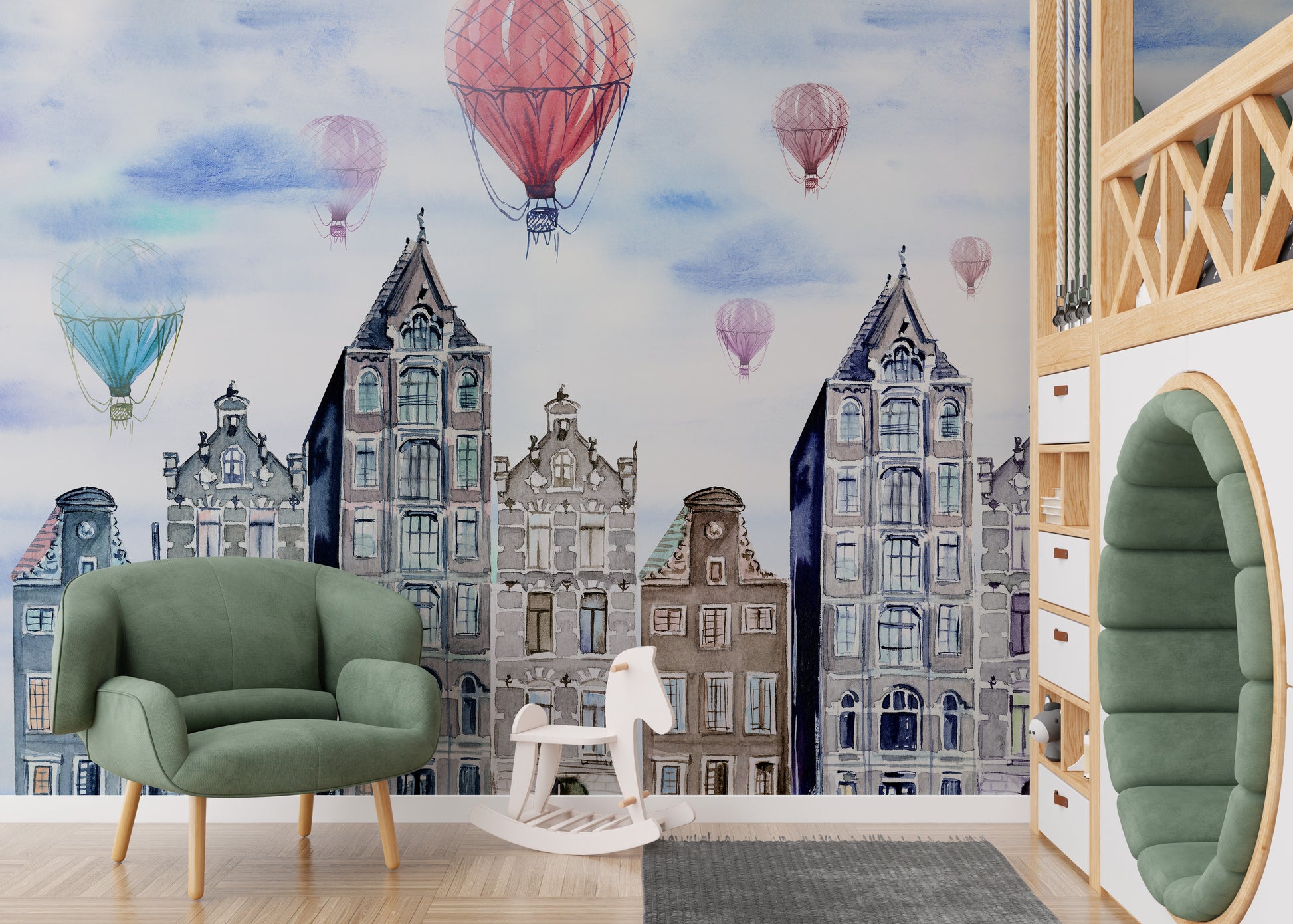 Elegant mural featuring Amsterdam's iconic cityscape in watercolor.
