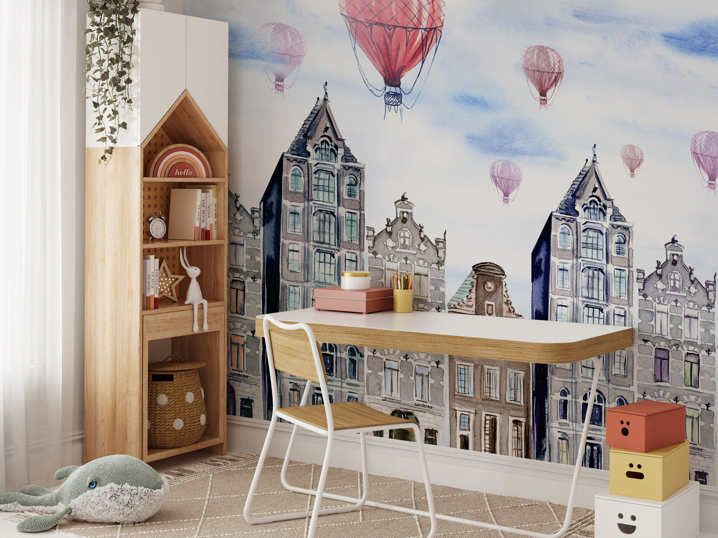 Amsterdam hues mural capturing the charm of a watercolor skyline.
