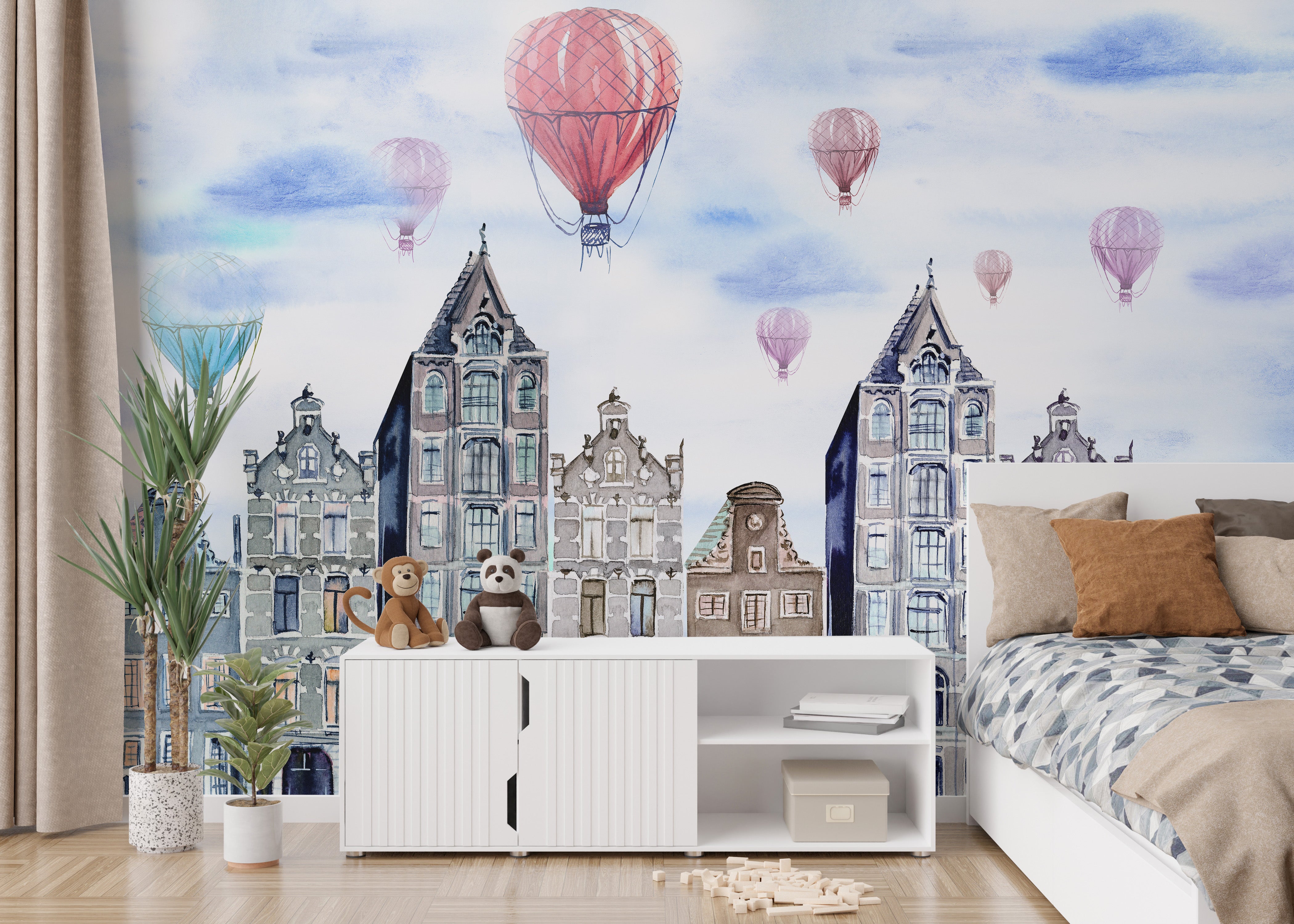 Artistic mural of Amsterdam cityscape in vibrant watercolor hues.
