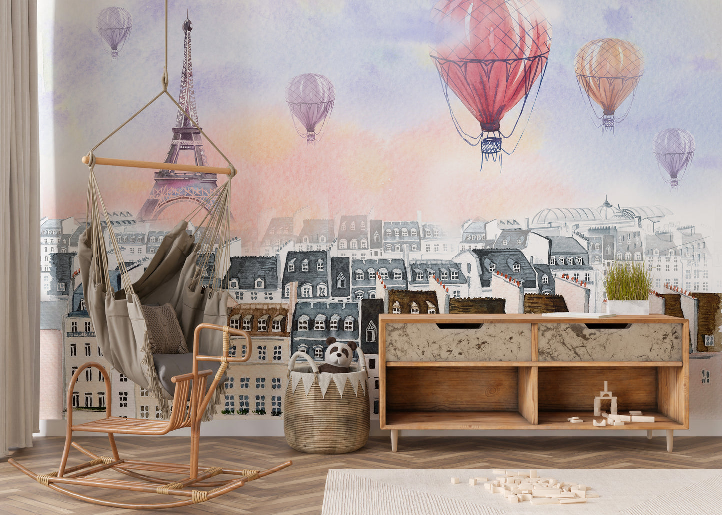 Watercolor cityscape mural with a balloon over Paris for decor.
