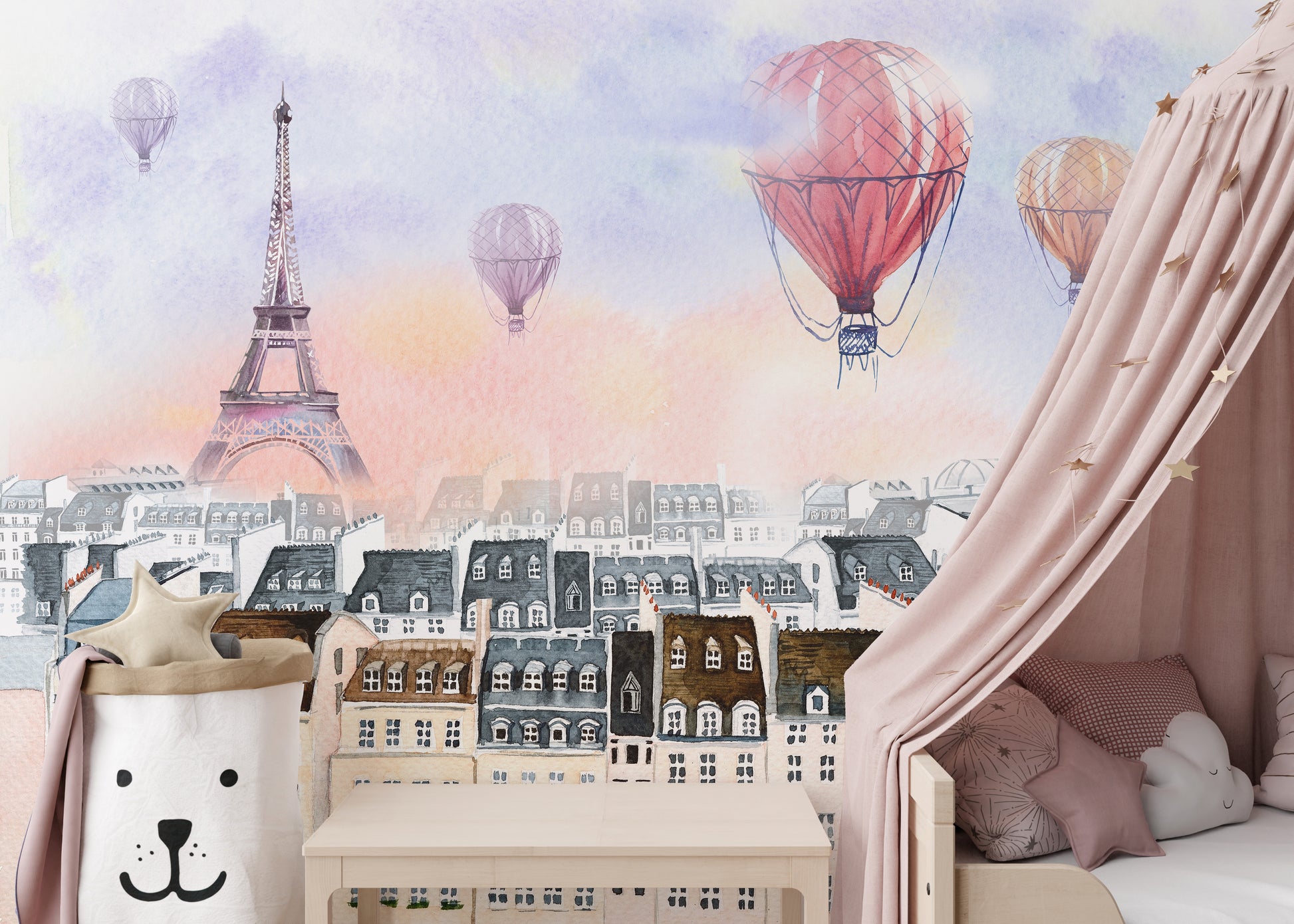 Elegant wall mural with Paris cityscape and a balloon in watercolor.
