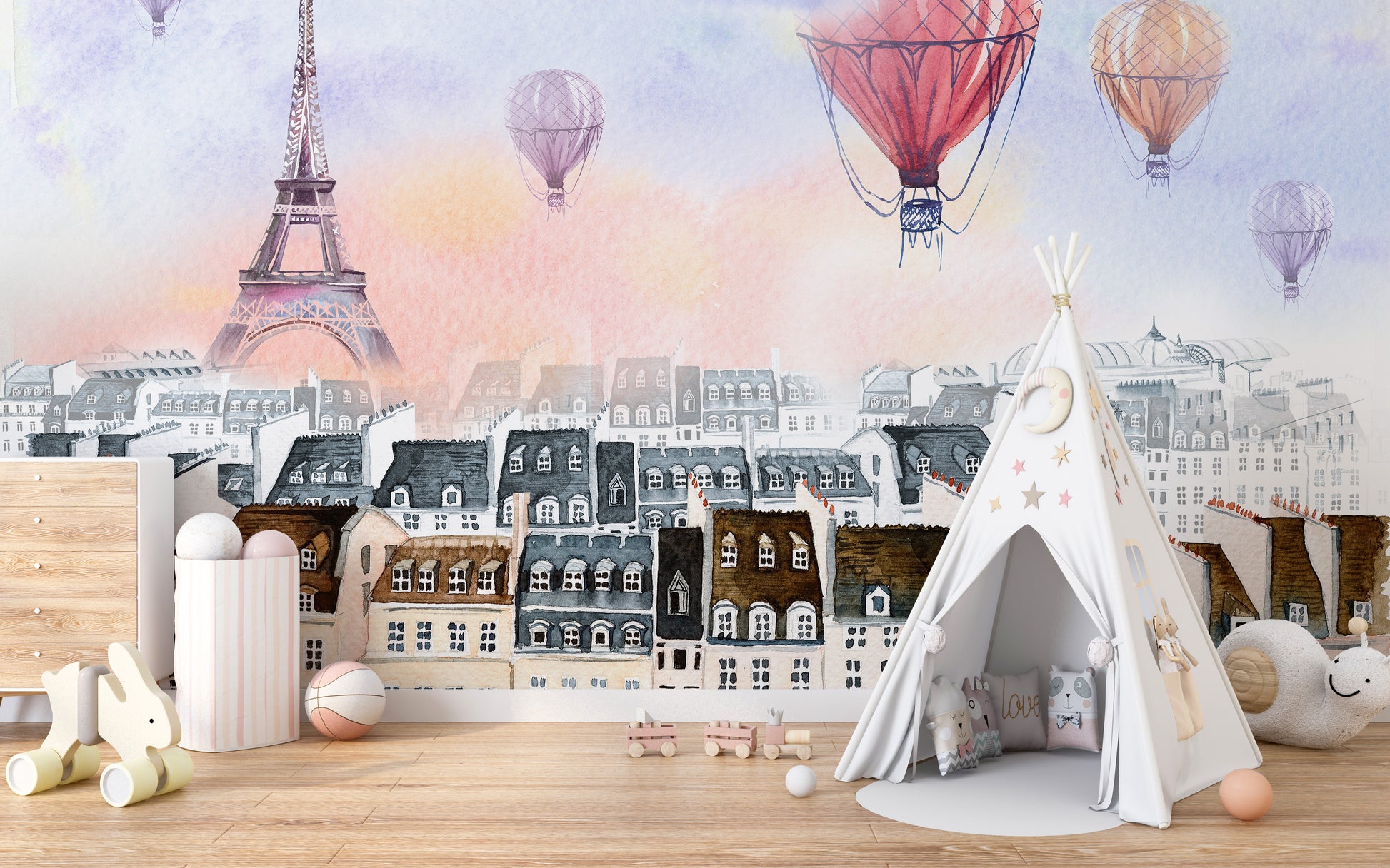 Paris mural featuring a scenic cityscape with floating balloons.
