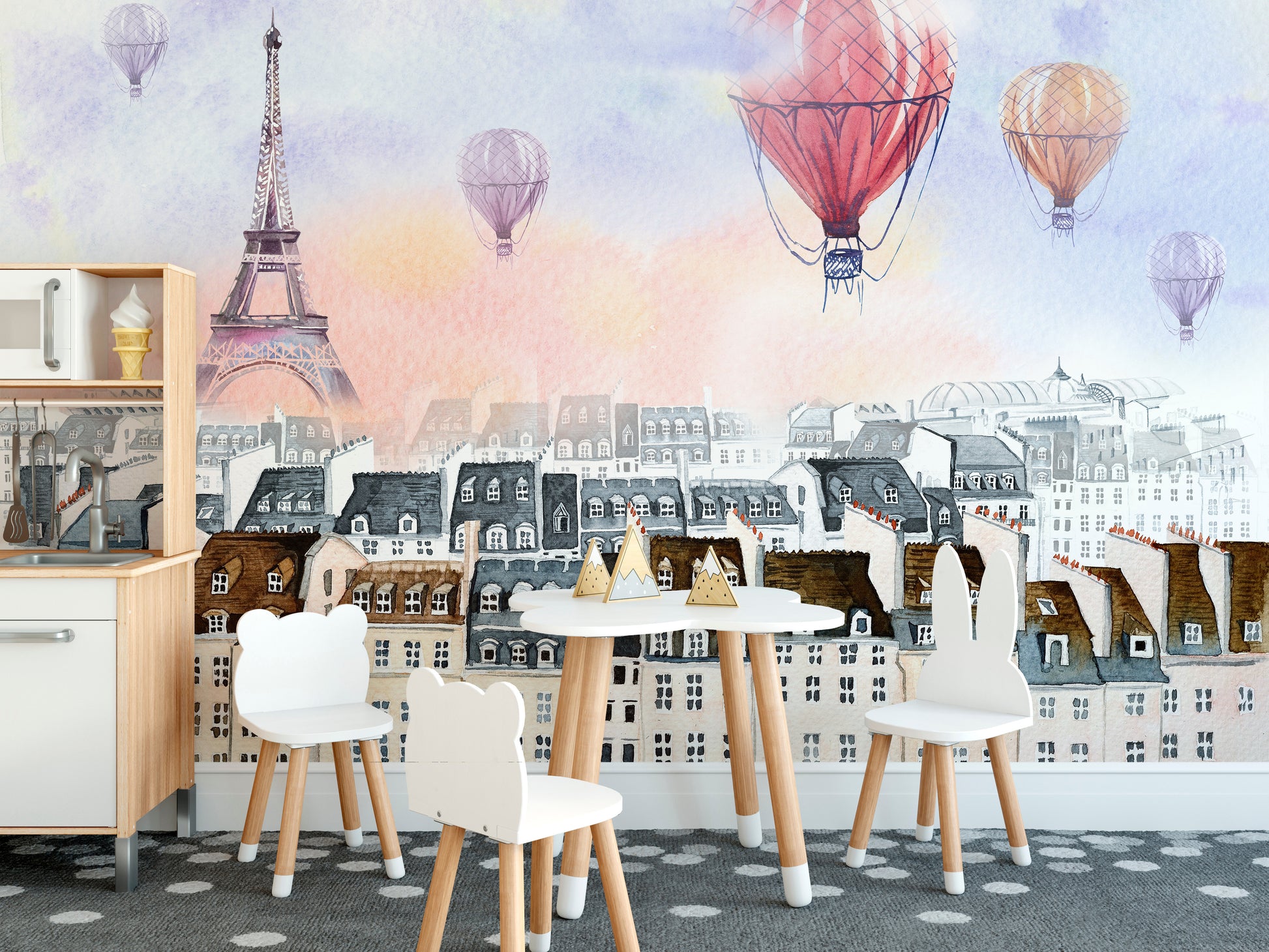 Balloon over Paris mural capturing charm in a watercolor design.
